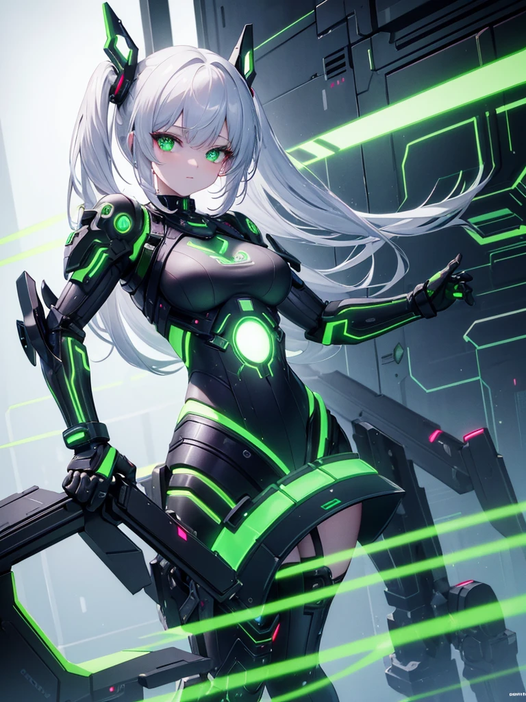 High quality, high definition images, full HD、
8k.1 girl( white long hair),ai cyborg girl 、(black on white cyborg body) , many mechanisms are visible,Many green lights on the exterior
In a modern A bar with a cyber atmosphere、The chest and buttocks are visible through the suit