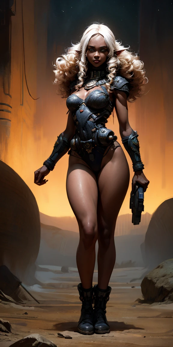 a naked female android based on Zendaya, science fiction, industrial installation, highly detailed cinematic illustration, black outlining, full color illustration, in the style of BORIS VALLEJO & JULIE BELL, masterpiece, 8k, ultra-detailed, physically-based rendering, vivid colors, dramatic lighting, intricate background, photorealistic, full body shot