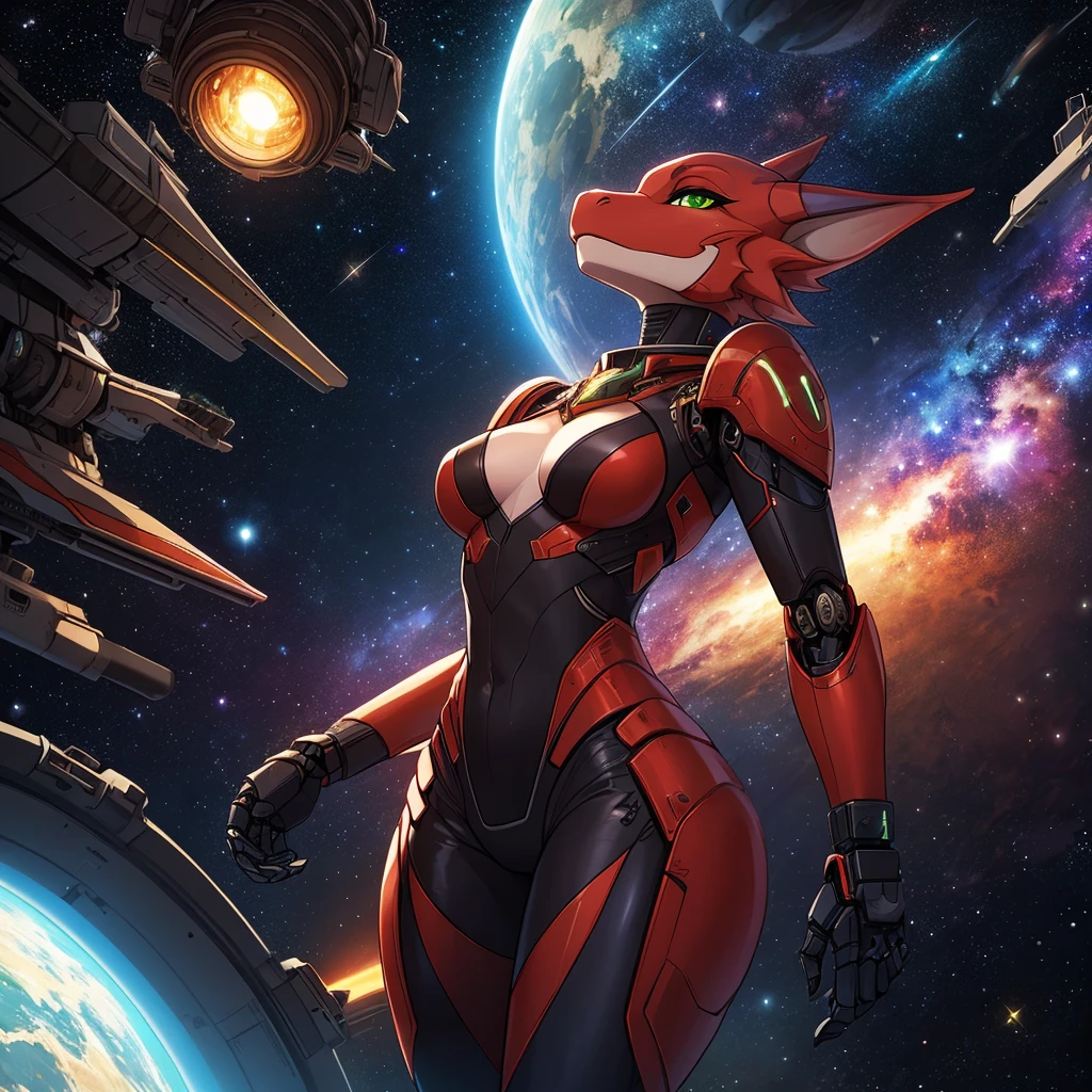 female, furry, metalic, robotic, anthro, red, kobold, short, small breasts, thin body, laying in cell, legs spread, rubbing breasts, science fiction, looking out window, galaxy, stars, high quality, masterpiece,