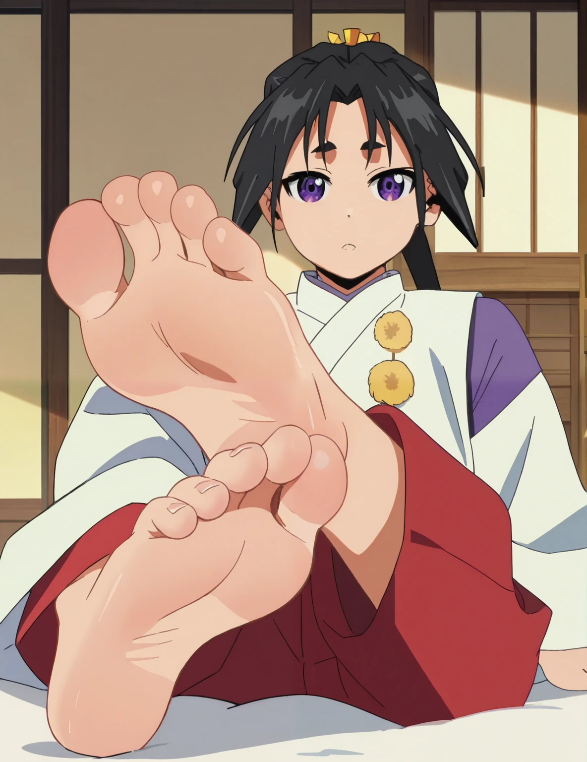 Source_anime, score_9, score_8_up, score_7_up, anime screencap, 8k, absurd res, Tokiyuki Hojo, 1boy, solo, official style, cowboy shot, ANIME SCREENCAP, anime coloring, barefoot, perfect feet, anatomically correct, soles, focal length 35mm, each foot has five toes, front, symmetrical soles barefoot, foot focus, in his room, looking at viewer, lying on the bed, back resting to the bed, lifting legs to show his soles, white kimono, purple undershirt, red hakama