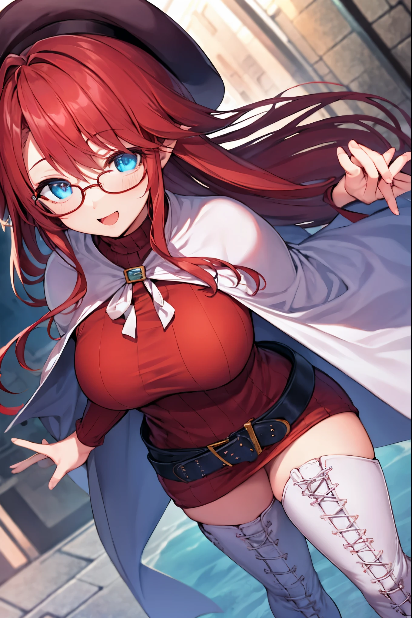 masterpiece, best quality, integrated scenery, integrated background, extremely delicate and beautiful, meticulous details, good composition, cute face, perfect face, perfect hands, best quality, summonnightaty, aty, (young:1.3),long hair, blue eyes, red hair, large_breasts, hat, glasses,
BREAK long hair, thighhighs, dress,  glasses, belt, cape, sweater, zettai ryouiki, beret, thigh boots, white footwear, ribbed sweater, loose belt,solo,
BREAK  fantasy,
,Highquality_hads,perfect_fingers,
BREAK (masterpiece:1.2), best quality, high resolution, unity 8k wallpaper, (illustration:0.8), (beautiful detailed eyes:1.6), extremely detailed face, perfect lighting, extremely detailed CG, (perfect hands, perfect anatomy),(covered_nipples:0.7),(covered_navel:0.7) ,half_eyes,sleepy_eyes,red_sweater,apart_knees,spread_legs,rise_knee,Smile,rise_hand,open_arms,bluesky_landscape,(plump:0.6),open_mouth, dynamic_angle,solo,walking, slouch,half_eyes, head_wind,side_view