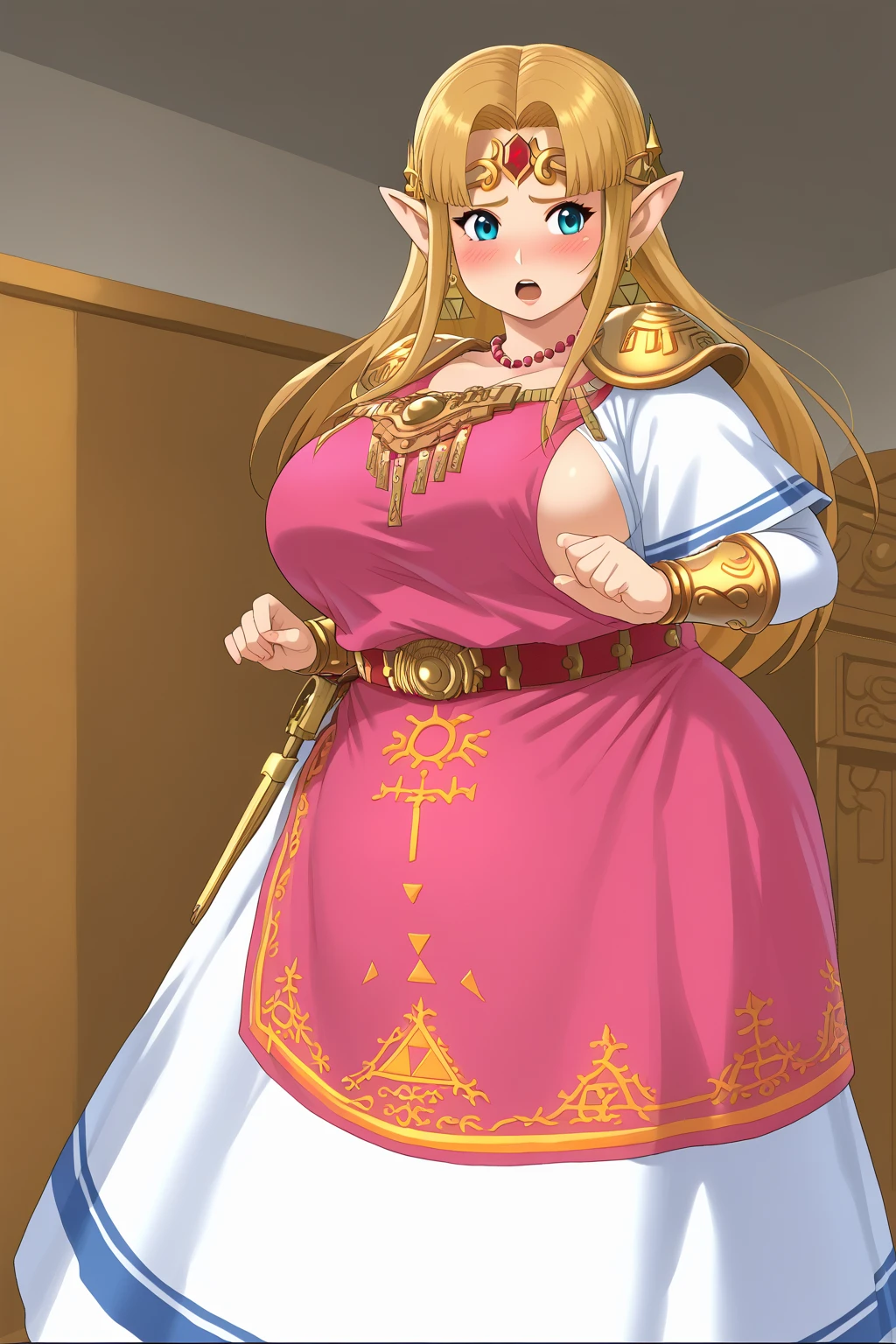   score_9,   score_8_up,   score_7_up,   score_6_up,   score_5_up,   score_4_up,     Masterpiece  ,   top quality,   very aesthetic,   absurd, ssbu zelda , princess zelda,  blue eyes,  golden hair ,  long hair,  white skin,　White sleeves,  pink dress, White Skirt,  pointed ears,    source_Anime, Anime screencap,    one woman , Alone,  personal  ,   long hair, Super huge breasts, ((( super huge clevis, Super huge , Super huge boob))), Curvy,   wide hips ,   embarrassed expression, Fat body,   chubby,  obese body type ,blush, Shy woman,  stomach flesh sticking out of clothes,　 sloppy stomach, Mature Woman, milf, 40 years old