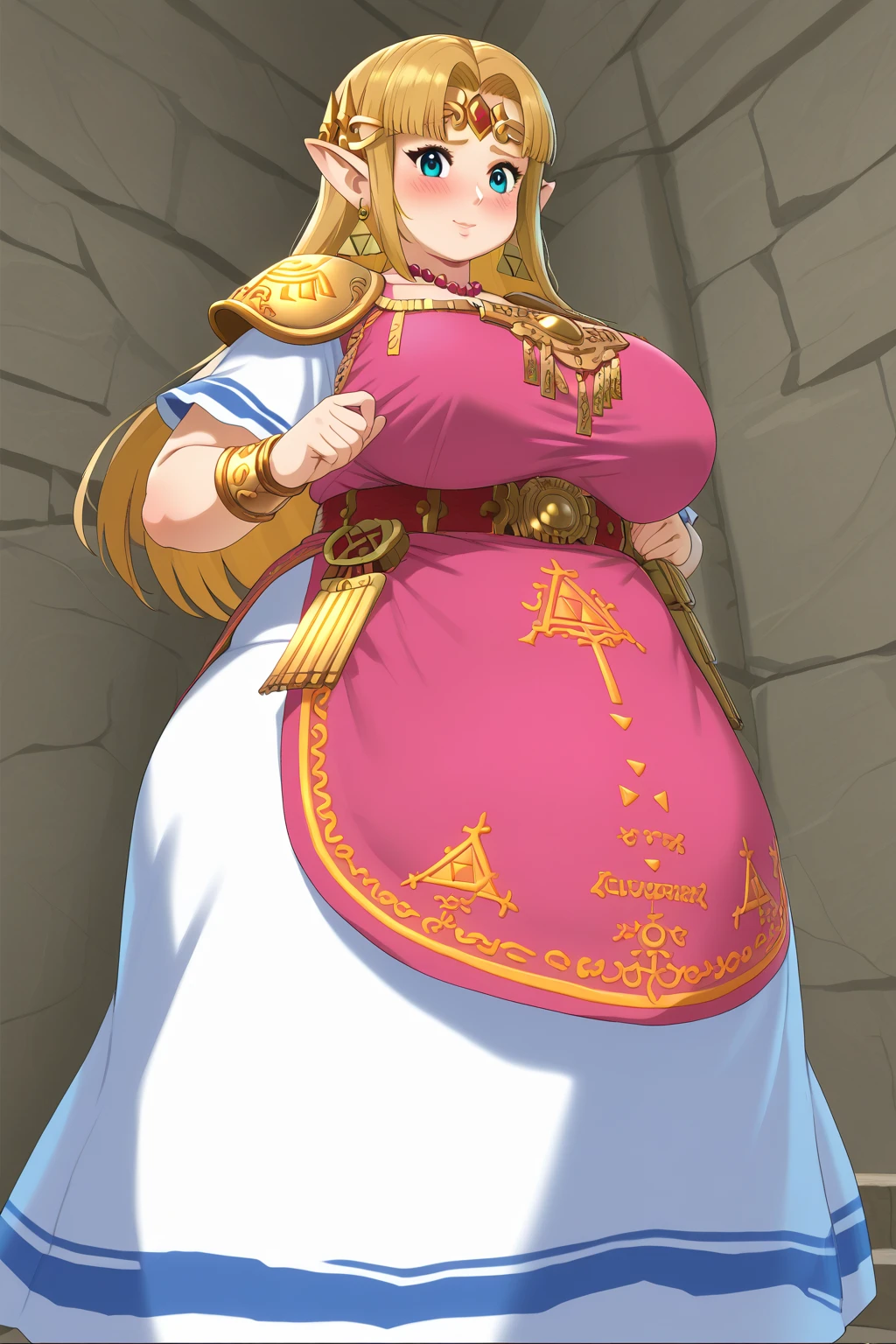   score_9,   score_8_up,   score_7_up,   score_6_up,   score_5_up,   score_4_up,     Masterpiece  ,   top quality,   very aesthetic,   absurd, ssbu zelda , princess zelda,  blue eyes,  golden hair ,  long hair,  white skin,　White sleeves,  pink dress, White Skirt,  pointed ears,    source_Anime, Anime screencap,    one woman , Alone,  personal  ,   long hair, Super huge breasts, ((( super huge clevis, Super huge , Super huge boob))), Curvy,   wide hips ,   embarrassed expression, Fat body,   chubby,  obese body type ,blush, Shy woman,  stomach flesh sticking out of clothes,　 sloppy stomach, Mature Woman, milf, 40 years old