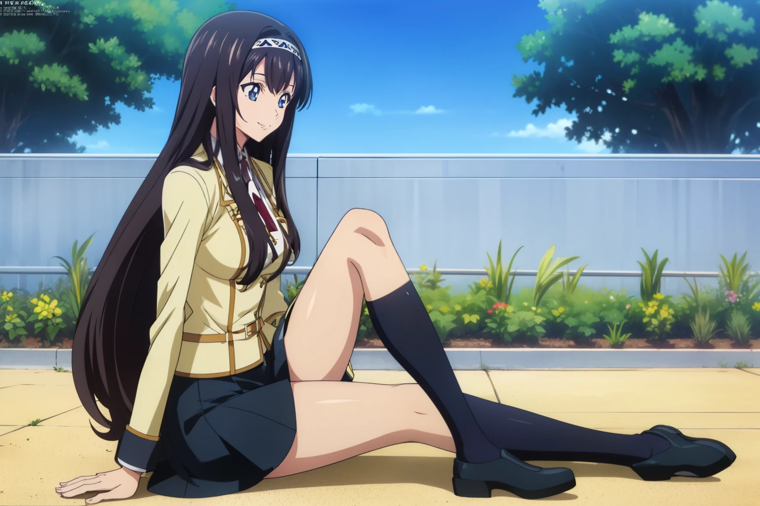 from side, 1 girl, cute, black hair, long hair, ((髪band)), (smile), (School Uniform, black skirt, knee socks), (sitting on the school garden), (anime cels style, Masterpiece, best quality, high resolution, anime colored, megami magazine:1.2, anime poster style, anime keyvisual, sharp, 8k, photorealistic), beautiful blue eyes, (perfect anatomy, perfect finger, perfect leg)