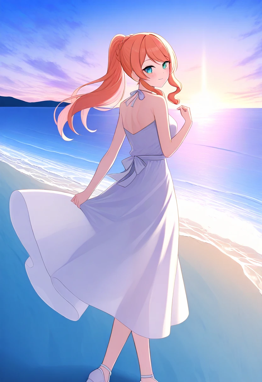 Sonia ponytail white dress walking on a beach evening