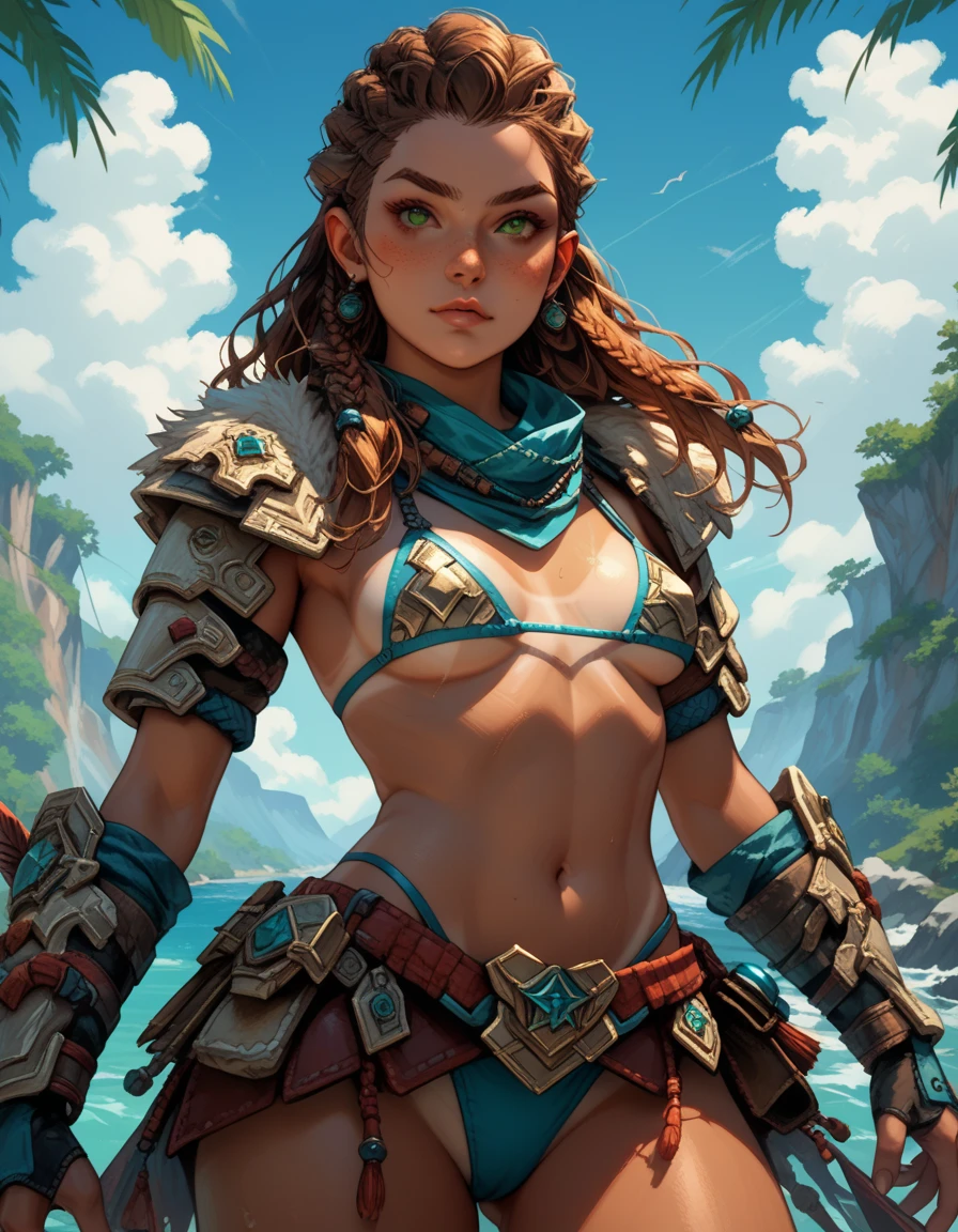 1girl, (Aloy), (Horizon Forbidden West Aloy);; slim and toned, reddish brown hair, braids and hair ornaments, big green eyes, (freckles), (small breasts), erect nipples, midriff, (thighs showing) (tan lines outside of bikini edge);; (wearing string only micro bikini), (bikini armor:1.27);; contrapposto stance, ((fighting poses)) (wide angle:1.28);; outdoor mountain landscape background, vibrant color palette;; d3t41l3d, HFWAloy 