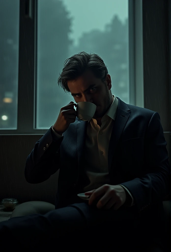 a man in a dark room, suited figure drinking coffee, film noir style, dramatic lighting, high contrast, moody atmosphere, cinematic composition, chiaroscuro, gritty texture, strong shadows, dramatic pose, focused expression, 1990s style, atmospheric environment, rainy night setting, desaturated palette, deep shadows, hard edge lighting, dramatic silhouette, cinematic depth of field, photorealistic, masterpiece, 8k, watch to the camera, Max Payne, lilamaddyson