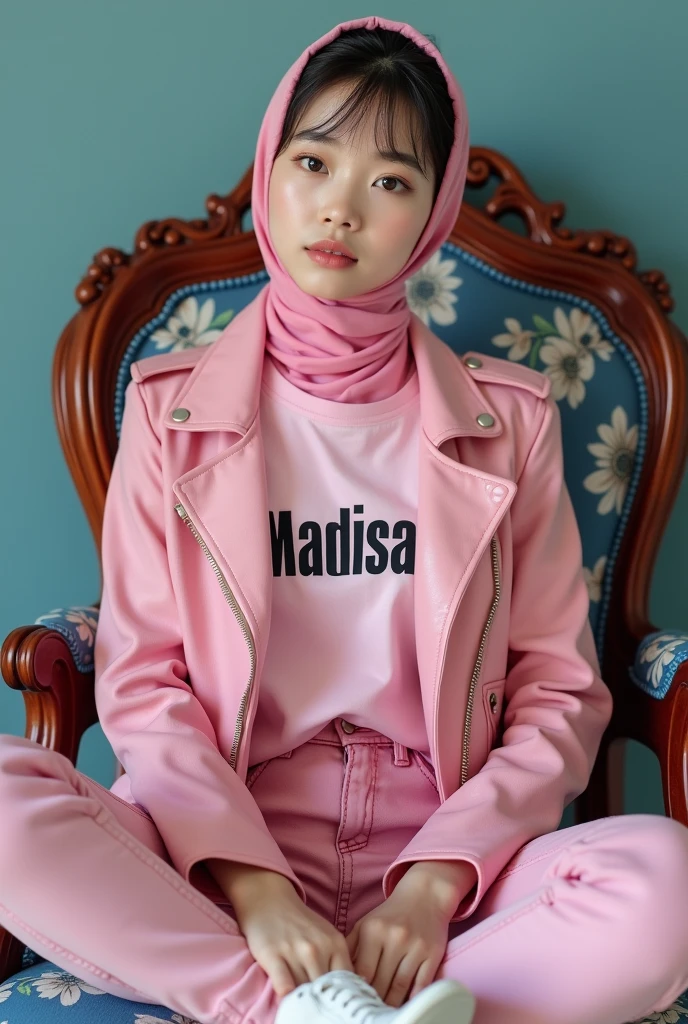 a close up of a hijab woman wearing a pink jacket and jeans, pink clothes, short jacket, korean women's fashion model, wearing jacket, with pink cloths, wearing a jeans jackets, modern casual clothing, jacket, detailed picture, cartoon style, trendy clothes, wearing cyberpunk 2 0 7 7 jacket, casual modern clothing, digital art h 9 6 0, light pink