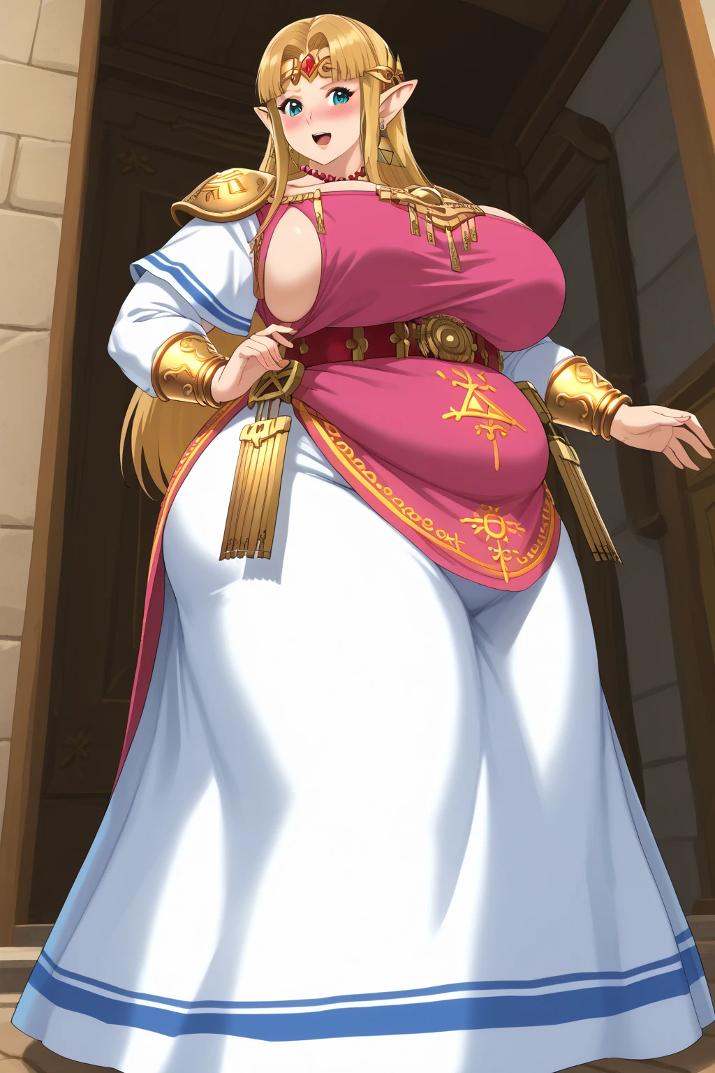   score_9,   score_8_up,   score_7_up,   score_6_up,   score_5_up,   score_4_up,     Masterpiece  ,   top quality,   very aesthetic,   absurd, ssbu zelda , princess zelda,  blue eyes,  golden hair ,  long hair,  white skin,　White sleeves,  pink dress, White Skirt,  pointed ears,    source_Anime, Anime screencap,    one woman , Alone,  personal  ,   long hair, Super huge breasts, ((( super huge clevis, Super huge , Super huge boob))), Curvy,   wide hips ,   embarrassed expression, Fat body,   chubby,  obese body type ,blush, Shy woman,  stomach flesh sticking out of clothes,　 sloppy stomach, Mature Woman, milf, 40 years old