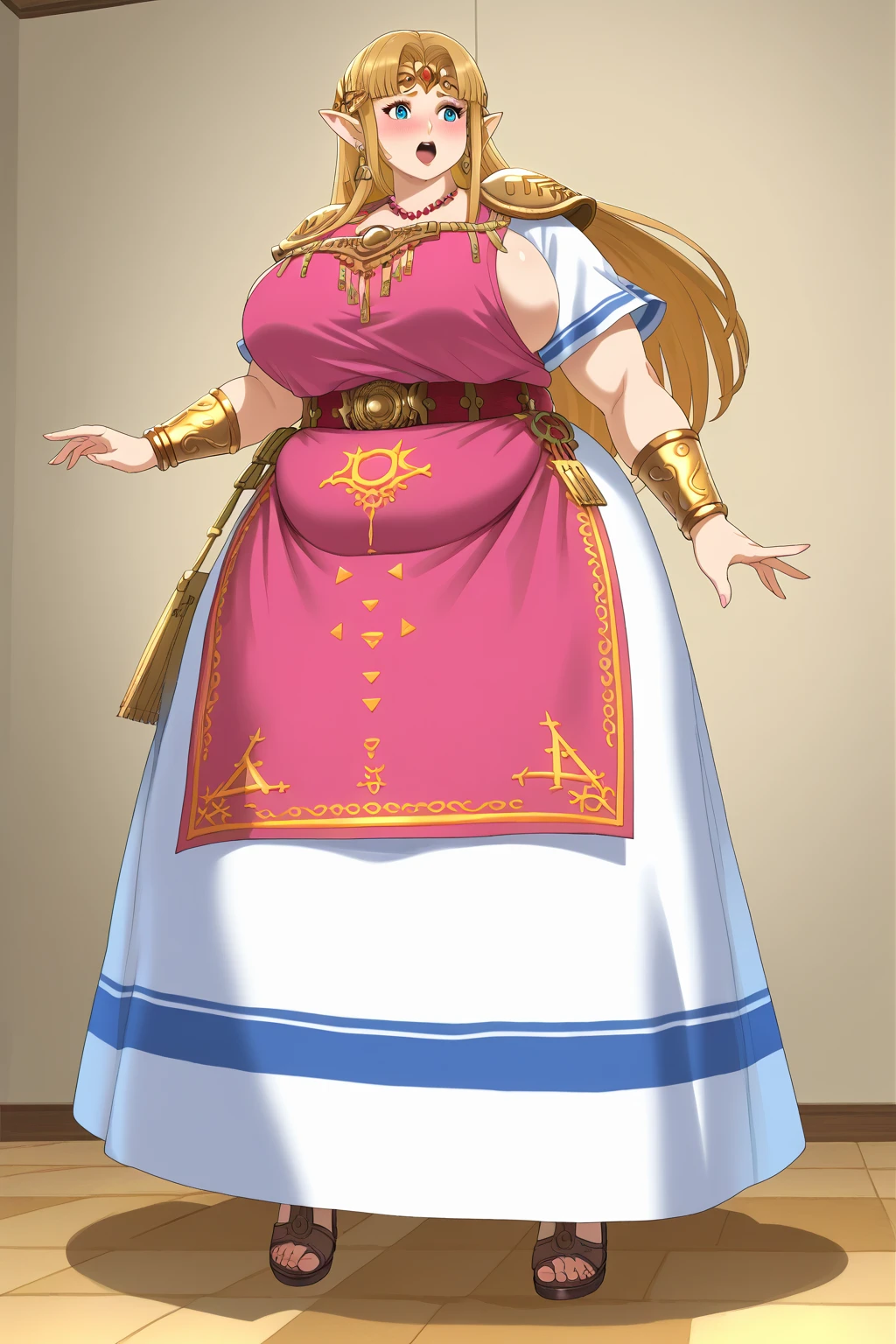   score_9,   score_8_up,   score_7_up,   score_6_up,   score_5_up,   score_4_up,     Masterpiece  ,   top quality,   very aesthetic,   absurd, ssbu zelda , princess zelda,  blue eyes,  golden hair ,  long hair,  white skin,　White sleeves,  pink dress, White Skirt,  pointed ears,    source_Anime, Anime screencap,    one woman , Alone,  personal  ,   long hair, Super huge breasts, ((( super huge clevis, Super huge , Super huge boob))), Curvy,   wide hips ,   embarrassed expression, Fat body,   chubby,  obese body type ,blush, Shy woman,  stomach flesh sticking out of clothes,　 sloppy stomach, Mature Woman, milf, 40 years old