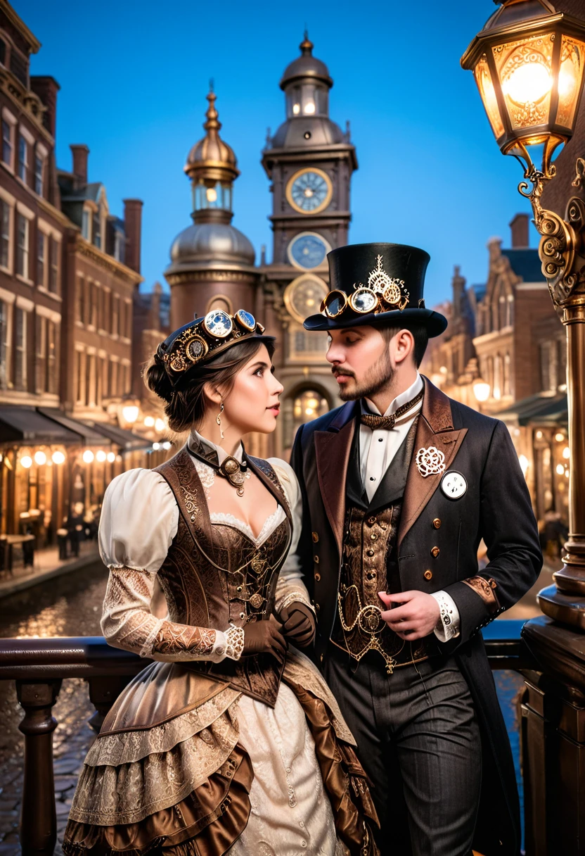 A romantic steampunk scene featuring a couple standing on a cobblestone bridge overlooking a glowing cityscape filled with intricate Victorian-style buildings, airships, and chimneys releasing steam. The man wears a tailored waistcoat, top hat, and brass goggles, holding the hand of a woman in a corset dress with detailed lace, a parasol adorned with gears, and a mechanical arm. The couple gazes into each other’s eyes under the soft light of a gas lamp, surrounded by a warm ambiance of bronze, gold, and the soft blue glow of the evening sky. Fine details include their expressions of deep affection and the intricate craftsmanship of their attire and accessories.