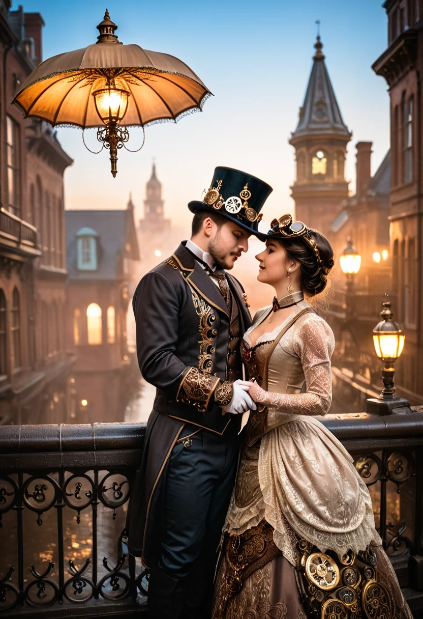 A romantic steampunk scene featuring a couple standing on a cobblestone bridge overlooking a glowing cityscape filled with intricate Victorian-style buildings, airships, and chimneys releasing steam. The man wears a tailored waistcoat, top hat, and brass goggles, holding the hand of a woman in a corset dress with detailed lace, a parasol adorned with gears, and a mechanical arm. The couple gazes into each other’s eyes under the soft light of a gas lamp, surrounded by a warm ambiance of bronze, gold, and the soft blue glow of the evening sky. Fine details include their expressions of deep affection and the intricate craftsmanship of their attire and accessories.