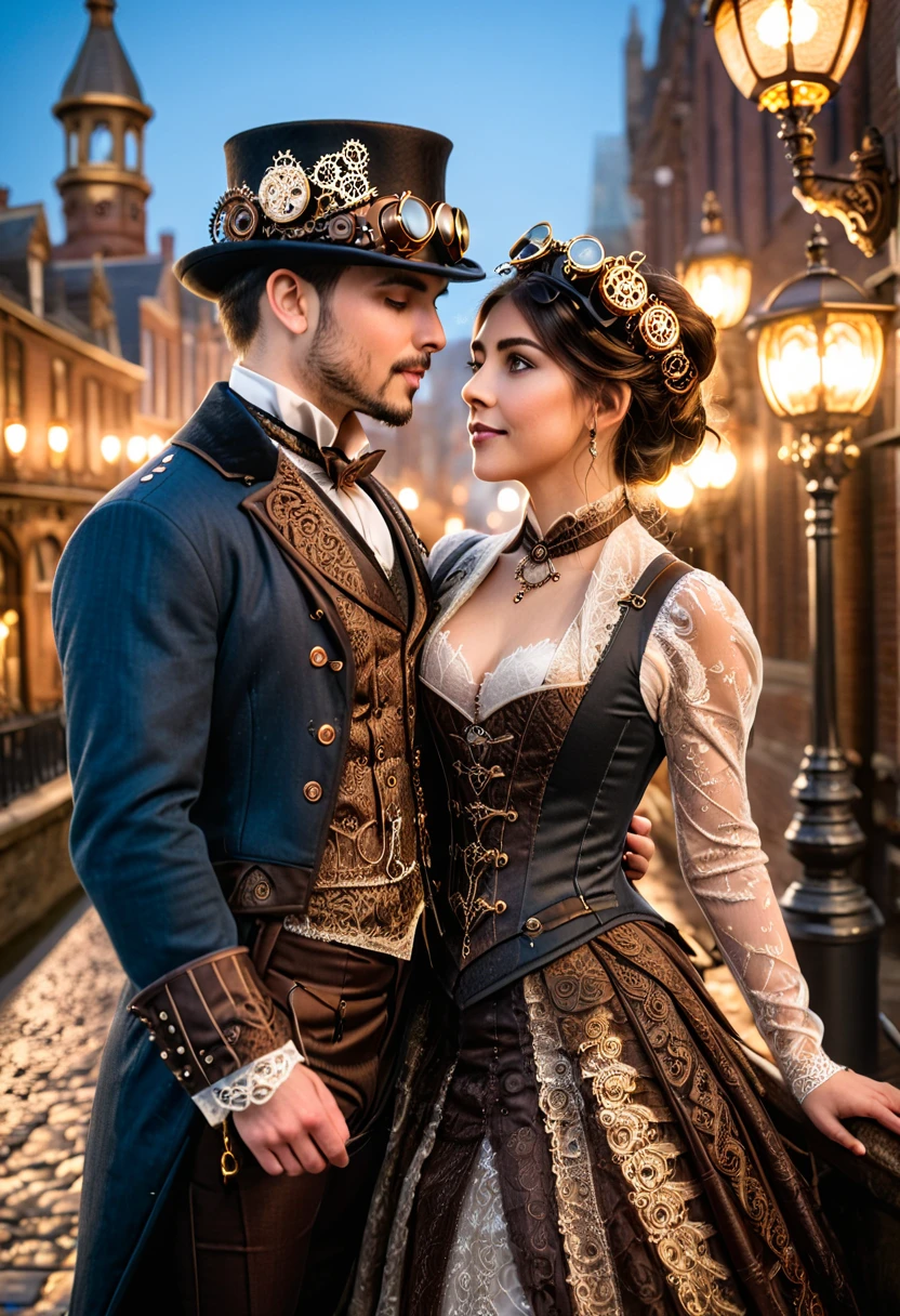 A romantic steampunk scene featuring a couple standing on a cobblestone bridge overlooking a glowing cityscape filled with intricate Victorian-style buildings, airships, and chimneys releasing steam. The man wears a tailored waistcoat, top hat, and brass goggles, holding the hand of a woman in a corset dress with detailed lace, a parasol adorned with gears, and a mechanical arm. The couple gazes into each other’s eyes under the soft light of a gas lamp, surrounded by a warm ambiance of bronze, gold, and the soft blue glow of the evening sky. Fine details include their expressions of deep affection and the intricate craftsmanship of their attire and accessories.