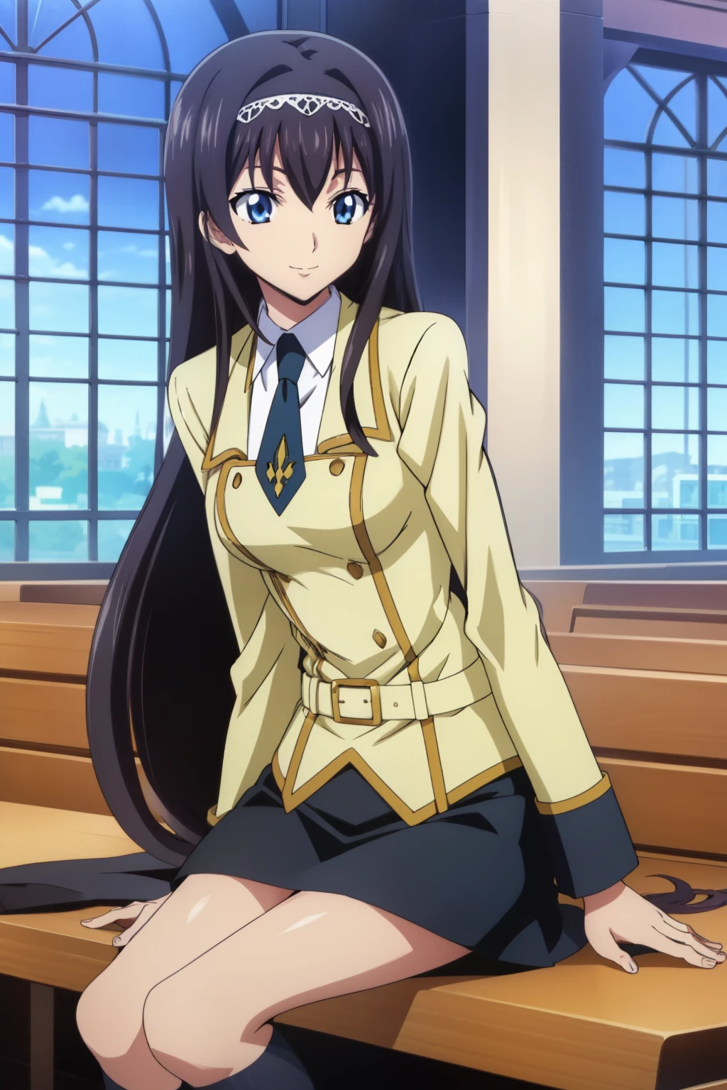 from side, 1 girl, cute, black hair, long hair, ((髪band)), (smile), (School Uniform, black skirt, knee socks), (sitting on the school clubhouse), (anime cels style, Masterpiece, best quality, high resolution, anime colored, megami magazine:1.2, anime poster style, anime keyvisual, sharp, 8k, photorealistic), beautiful blue eyes, (perfect anatomy, perfect finger, perfect leg)