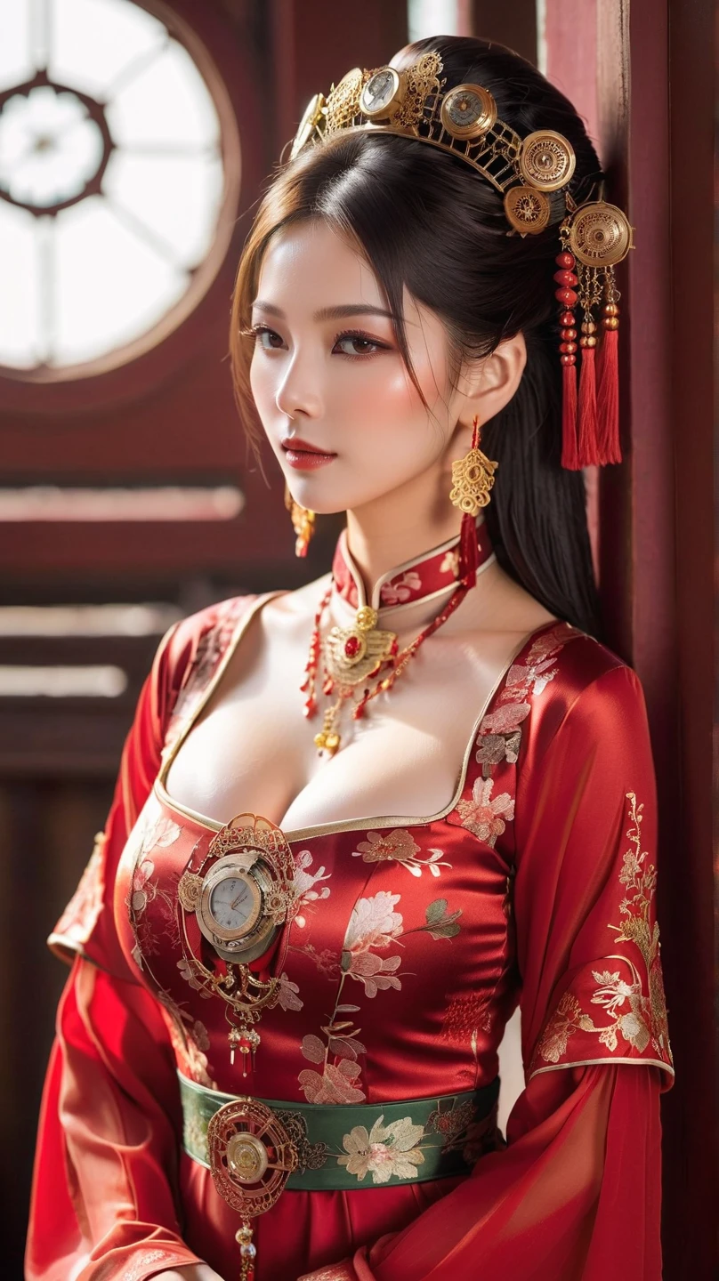 （Ultra-realistic 8K CG：1.2），Perfect artwork，delicate patterns，Complicated details，Heavy makeup，（Unbeatable masterpiece，Best quality at best：1.2），（extremly intricate：1.2），A beautiful cyberpunk woman，A woman in a red and gold dress，（Bare legs1:1.2），Phoenix crown，hair stick，（sitting on red bed），cosmetics，Be red in the face，is shy，black_Hair，looking-down，cosmetics，（forehead dot），（2 red candles），Chinese_clothes，窗帘，耳Nipple Ring，Hair_decorations，Hanfu，inside in room， jewely，rednails，Long_Sleeves，reddress，Redlip，nipple tassels，（Red quilt），（red palace：1.2），（Chinese Ancient Architecture），（rot：1.8），natta