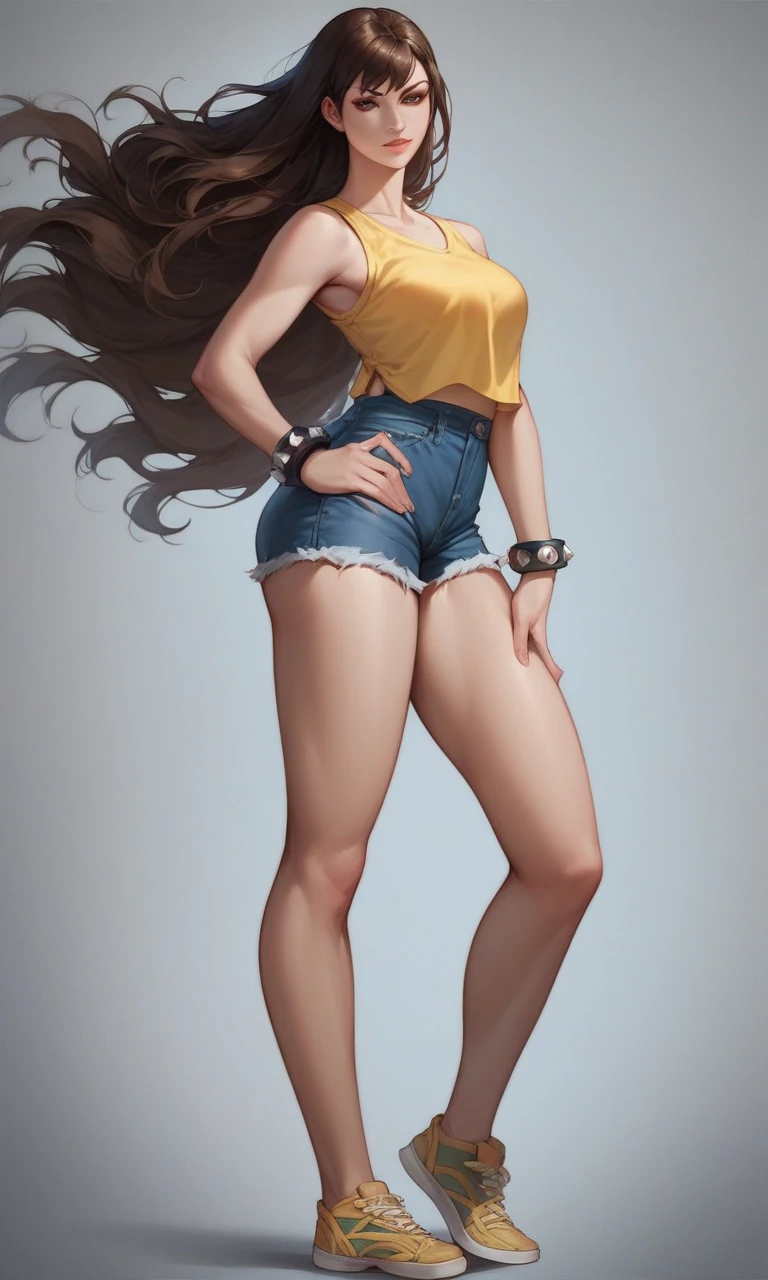 score_9, score_8_up, score_7_up, score_6_up, source_cartoon, BREAK masterpiece, CHUNLIBO, brown hair, brown eyes, long hair, sky, flowing hair, yellow tank top, sleeveless, shorts, denim shorts, bare legs,   looking at viewer, full picture, standing, fit body, 1girl