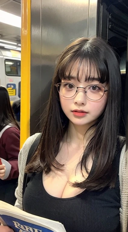 (8K、Raw photo、Highest quality、masterpiece:1.2)、(Realistic、Photorealistic:1.37)、Ultra-detailed、Ultra-high resolution、1 girl、Seeing the viewer、Beautifully detailed face、Laughter、narrow、(Slim waist) :1.3)、shortcut、Beautifully detailed skin、Skin Texture、Floating Hair、Professional Lighting、Waiting for the train on the platform、Black-rimmed square glasses 、Human whole body、Brown Hair、No sleeve