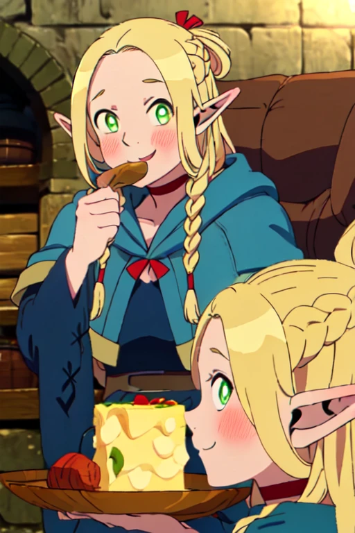 ((masterpiece,best quality)), absurdres, Marcille_Donato_DungeonMeshi, 1girl, solo, blonde hair, long hair, twin braids, elf, pointy ears, green eyes, red choker, blue capelet, eating, plate, spoon solo, smile, blush, looking at viewer,