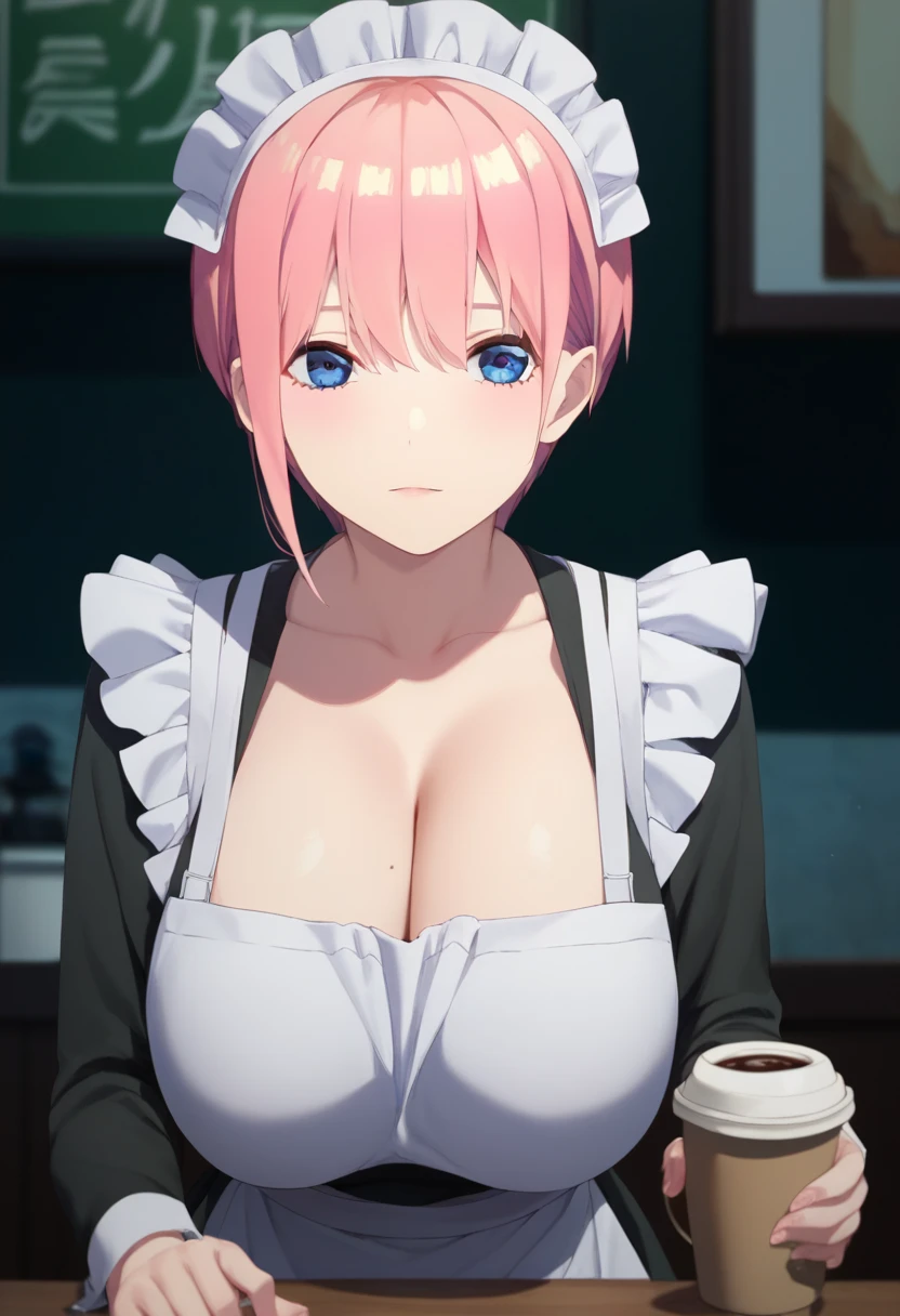 ichika nakano, short hair, bangs, blue eyes, hair between eyes, pink hair, face forward、 huge breasts、valley、Exposed chest、Shoulders exposed、coffee shop、whole body,madi apron,maid,maid headdress,,long sleeves