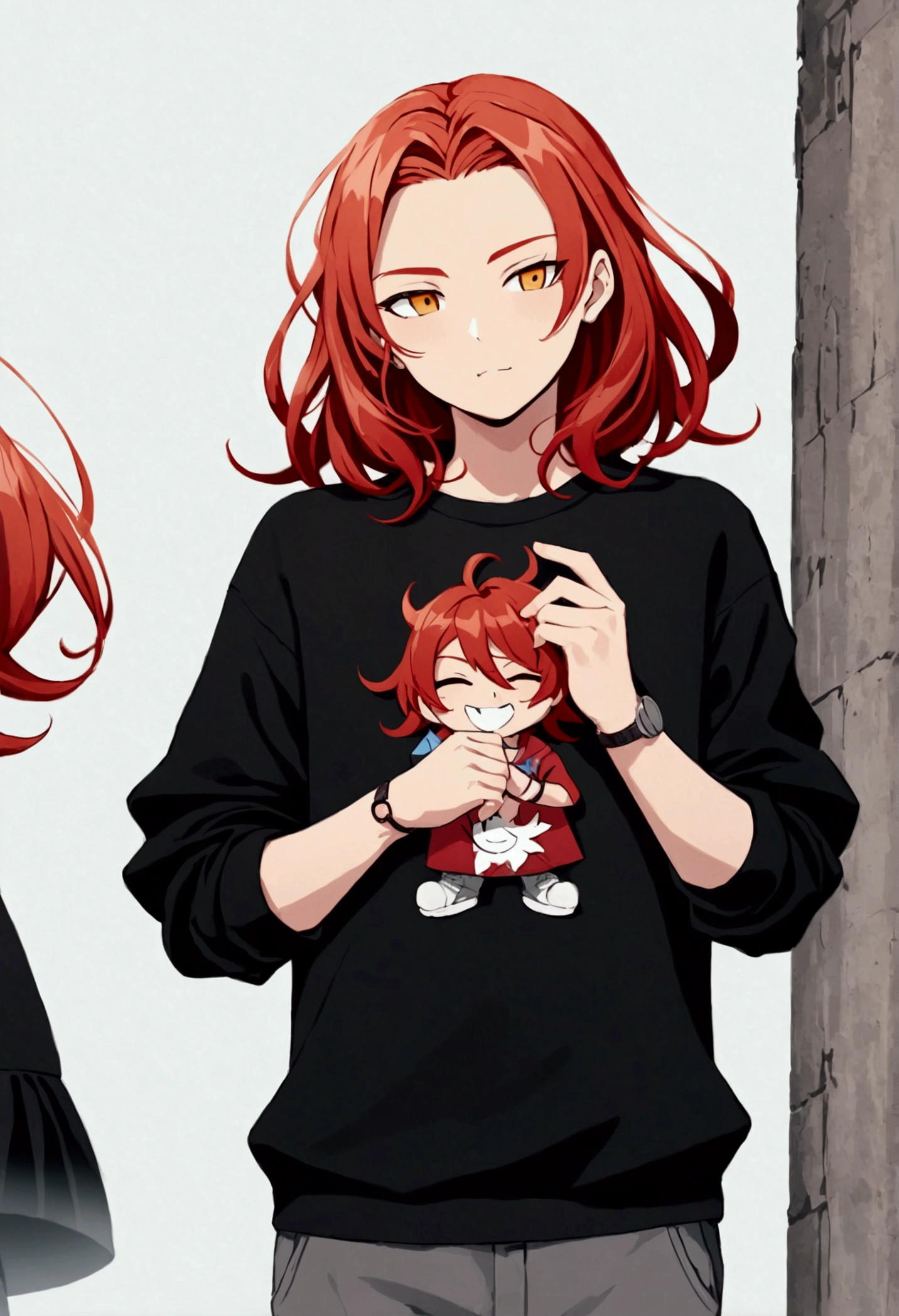 in container, 1girl, solo, red hair,red eyes, shirt, blush, sitting, white shirt, snowing, bangs, closed mouth, short sleeves, snow, full body, sitting ,(box:1),in box,looking at viewer, medium breast, blushing, sweating , tag on shirt, post card, heart, hand peace sign, surprised face, laying down