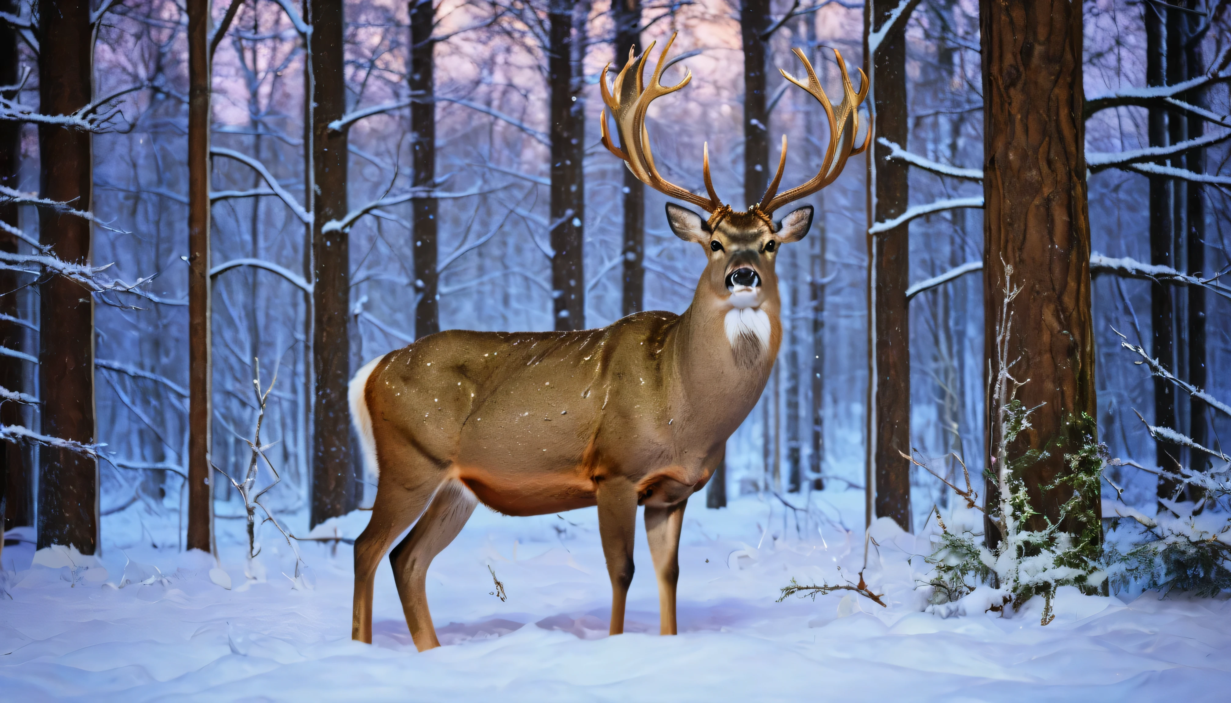 A realistic portrait of a majestic male deer standing fully within the frame in a snowy forest, facing the camera directly. The deer’s antlers are large and intricate, with its entire body visible. The scene is set at night, illuminated by the soft glow of a decorated Christmas tree adorned with colorful lights and ornaments. Festive lanterns and lit candles on either side of the deer create a warm, magical contrast against the dark, serene winter forest. The snow sparkles faintly under the gentle lighting, enhancing the peaceful night atmosphere