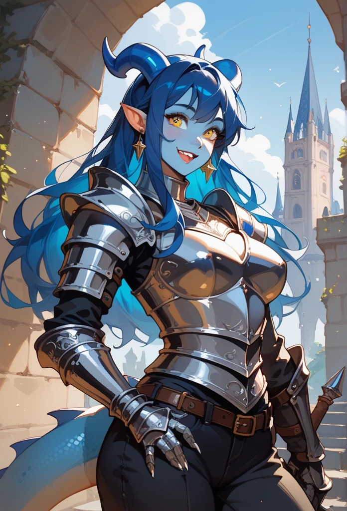 female knight, full knight armour, full armour, dark pants, dark shirt, Adult female kobold girl, with a long dark blue hair, long hair, tail, yellow eyes, blue skin, small blue horns, and an athletic body Small loving smile, tower background.