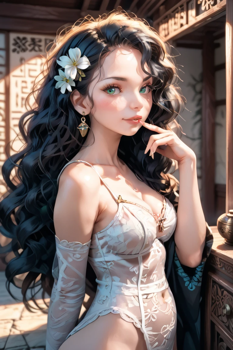 1 woman, Alone, breasts, HD model,  long hair , Earrings, Ojos rojos, naughty face,  Long eyelashes,  Plano lingerie, intellectual,  Shiny hair ,  curly hair ,  wide hips,fringe, Earrings de corazón, Hair flower,SPY,  big breasts,jewelry, background ancient temple,blush,make-up,  black hair, 