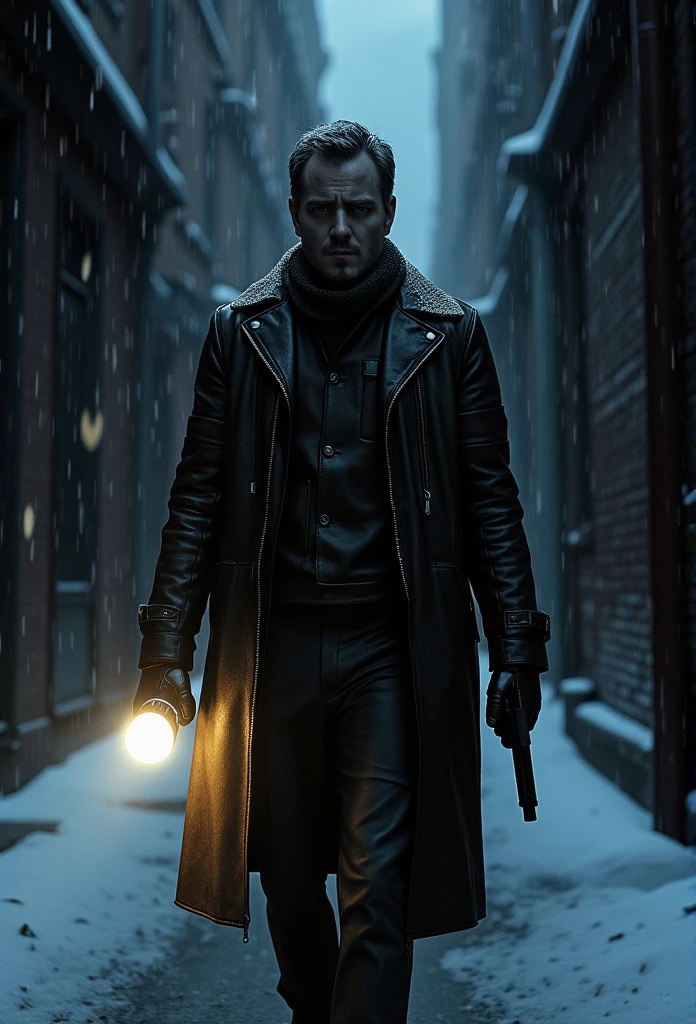 a brooding, snowy New York City, a dark alleyway, max payne in a leather coat, holding a gun in one hand and a flashlight in the other, snowfall, night, breath visible, wounded