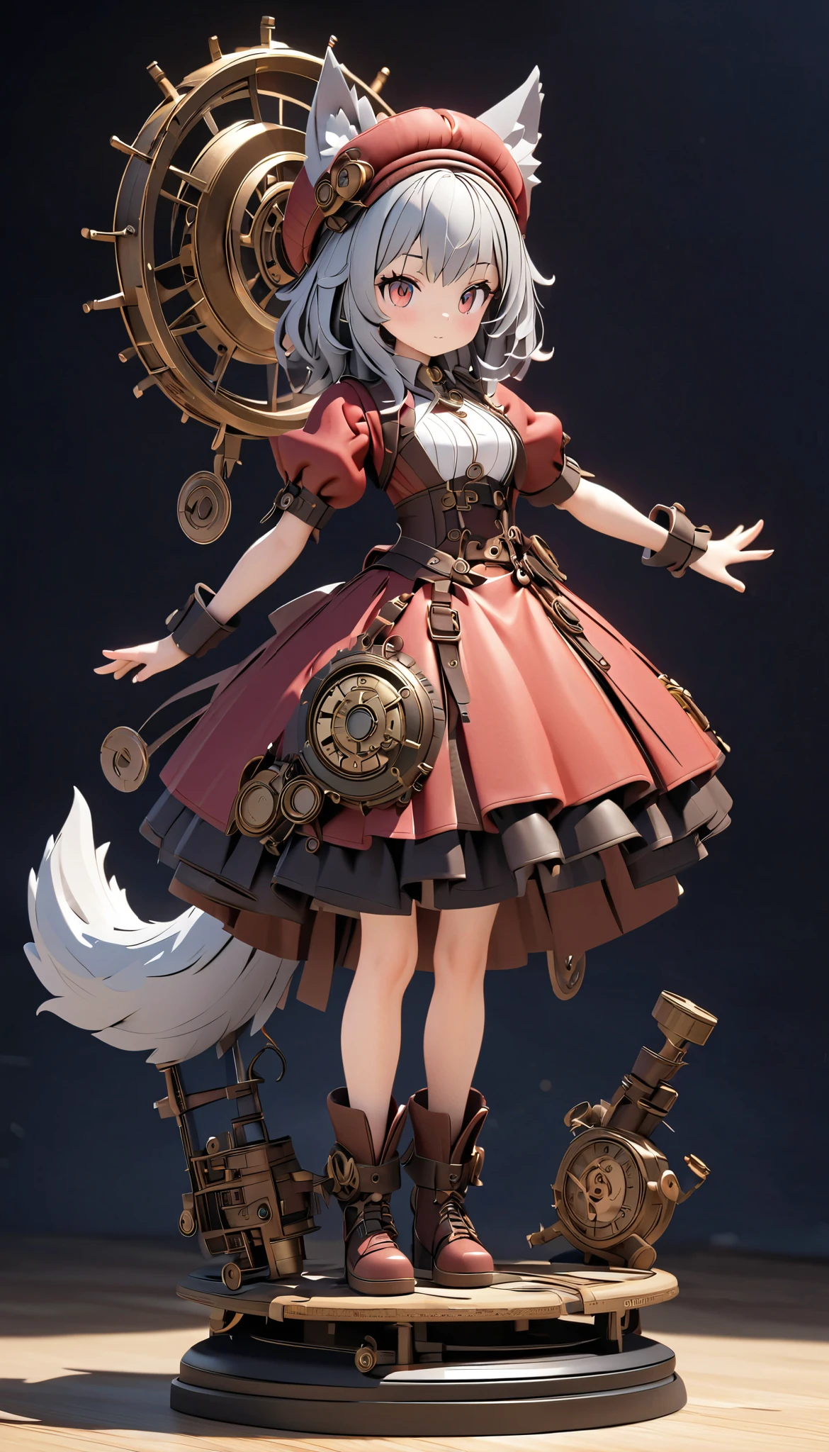 (masterpiece:1.2), ( top quality:1.2),  super high resolution,  very detailed, Wolf Girl, Gray Hair,  Steampunk Outfit,  Silk Hat , flaffy tail, Clockwork Bird , cute,  white background , 3d style, 3D Figures, whole body,  3d rendering,  oc rendering , 8k, from front, stand up