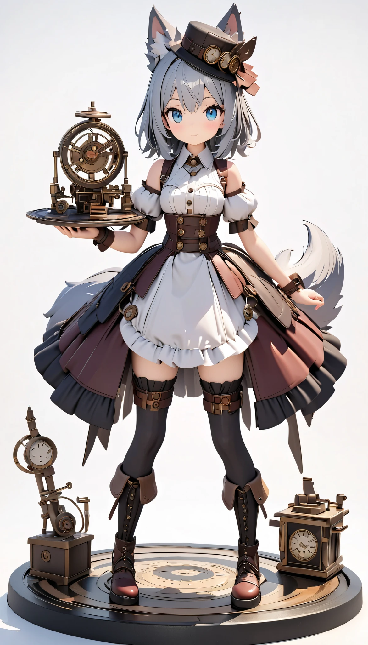 (masterpiece:1.2), ( top quality:1.2),  super high resolution,  very detailed, Wolf Girl, Gray Hair,  Steampunk Outfit,  Silk Hat , flaffy tail, Clockwork Bird , cute,   white background , 3d style, 3D Figures, whole body,  3d rendering,  oc rendering , 8k, from front, stand up