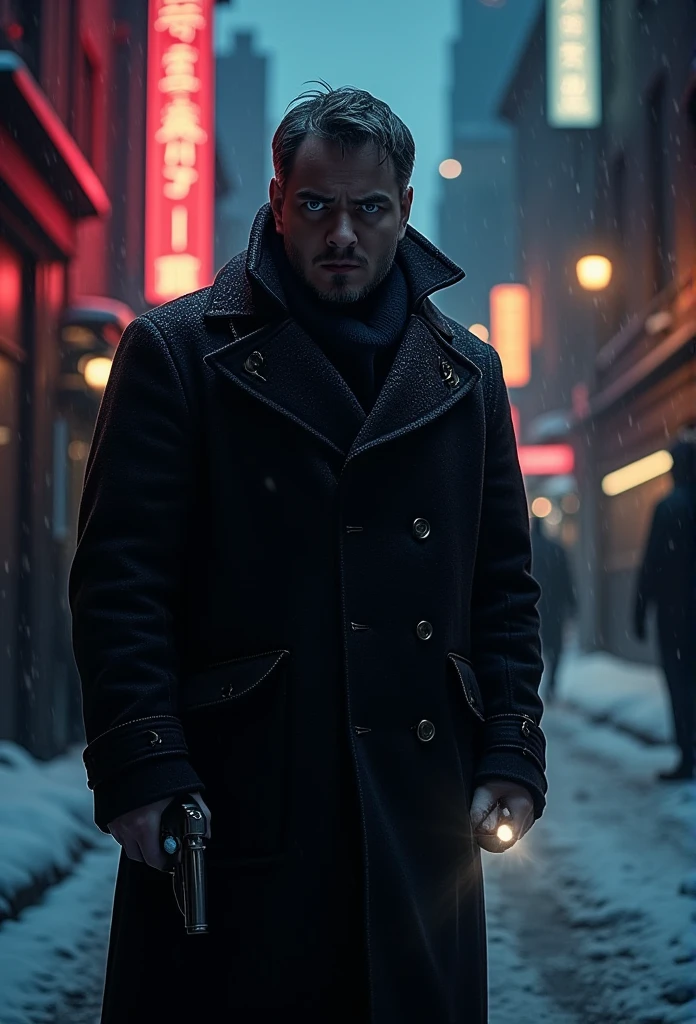 a man in a dark black coat standing in a snowy alley in new york city, holding a gun in one hand and a flashlight in the other, snow falling, night, breath visible, injured,1man,detailed face,detailed hands,dramatic lighting,cinematic,dark moody atmosphere,gritty urban setting,high contrast,penetrating gaze,rain soaked streets,neon lights,neo-noir,chiaroscuro,extremely detailed,hyper realistic,8k,masterpiece