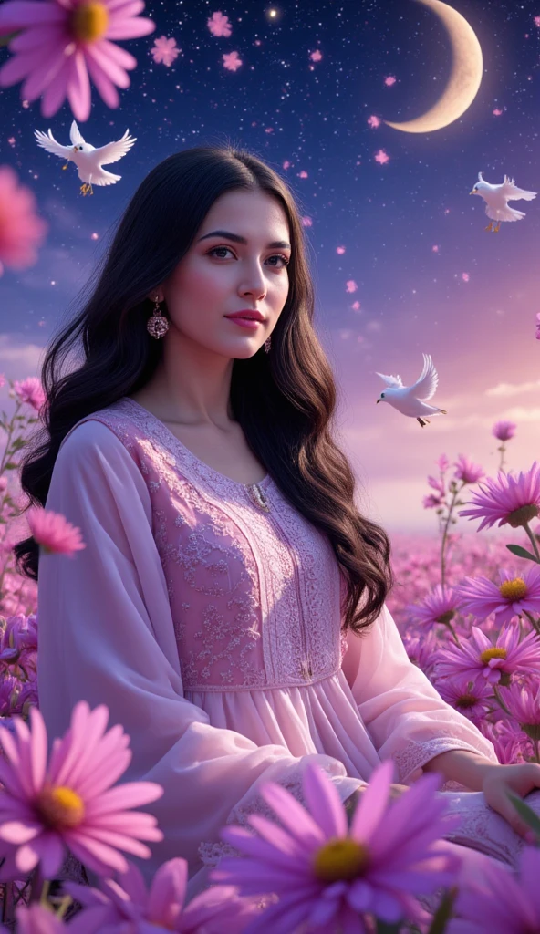 Create a dreamy, hyper-realistic UHD 8k image of an Arabian woman with brunette Iraqi skin. She should be depicted in a surreal dreamland filled with stars and birds, wearing exquisite traditional clothing that is modest and fully covering. The scene should feature her long black hair flowing gracefully, adorned with elegant jewelry. Surround her with vibrant pink and purple flowers, leaves, and whimsical elements like a crescent moon and twinkling stars. Emphasize her pretty eyes and cute demeanor, capturing the essence of a serene, enchanting atmosphere filled with fantasy objects that evoke a sense of psychedelic wonder.