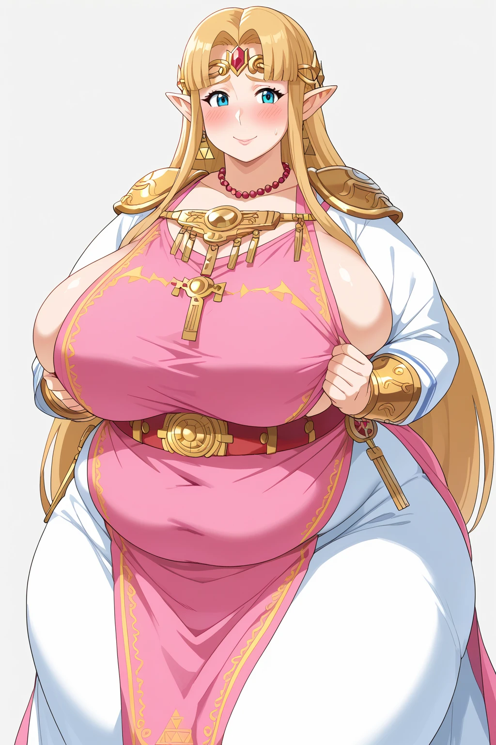   score_9,   score_8_up,   score_7_up,   score_6_up,   score_5_up,   score_4_up,     Masterpiece  ,   top quality,   very aesthetic,   absurd, ssbu zelda , princess zelda,  blue eyes,  golden hair ,  long hair,  white skin,　White sleeves,  pink dress, White Skirt,  pointed ears,    source_Anime, Anime screencap,    one woman , Alone,  personal  ,   long hair, Super huge breasts, ((( super huge clevis, Super huge , Super huge boob))), Curvy,   wide hips ,   embarrassed expression, Fat body,   chubby,  obese body type ,blush, Shy woman,  stomach flesh sticking out of clothes,　 sloppy stomach, Mature Woman, milf, 40 years old, ssbbw