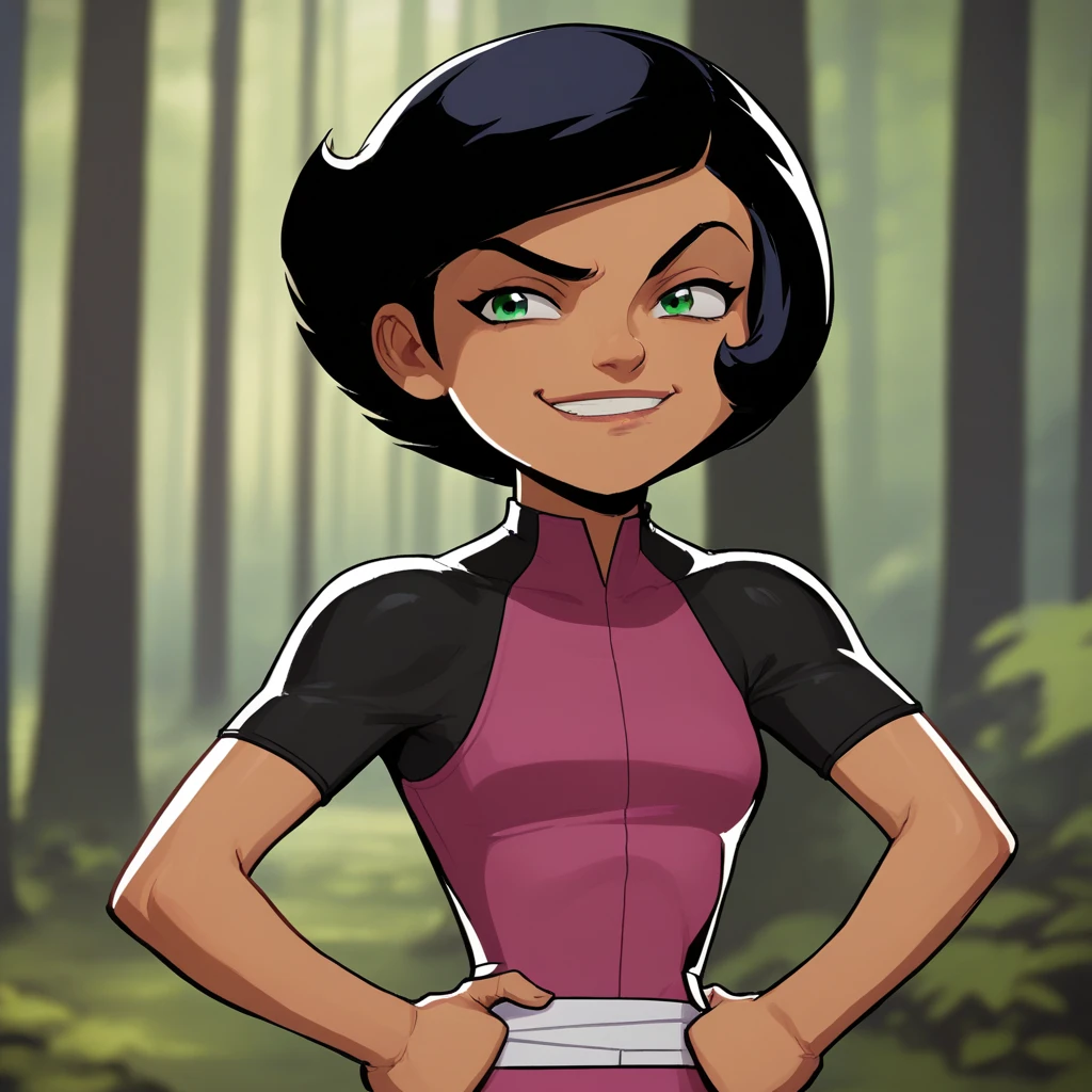 score_7_up, BREAK, 1girl, solo, Megan, black hair, short hair, green eyes,  tan, dark skin,  forest, blurry background, standing, hands on hips, smirk, smile