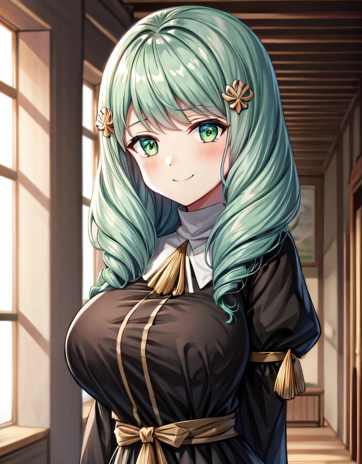 flayn,hair ornaments,black dress,indoor hall,indoor,(large breasts:1.55),(shiny,hair),((solo)),((masterpiece)),((best quality)),perfect anatomy,slim waist,perfect image,8k UHD,(beautiful detailed eyes:1.5),extremely detailed face,standing,(upper body:1.2),(look at the front:1.5),(arms behindback),ultra-detailed,absurdres,ultra-highres,smile,blush,closed mouth,(green eyes),