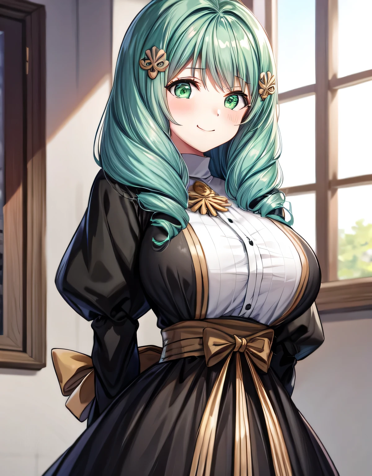 flayn,hair ornaments,black dress,indoor hall,indoor,(large breasts:1.55),(shiny,hair),((solo)),((masterpiece)),((best quality)),perfect anatomy,slim waist,perfect image,8k UHD,(beautiful detailed eyes:1.5),extremely detailed face,standing,(upper body:1.2),(look at the front:1.5),(arms behindback),ultra-detailed,absurdres,ultra-highres,smile,blush,closed mouth,(green eyes),