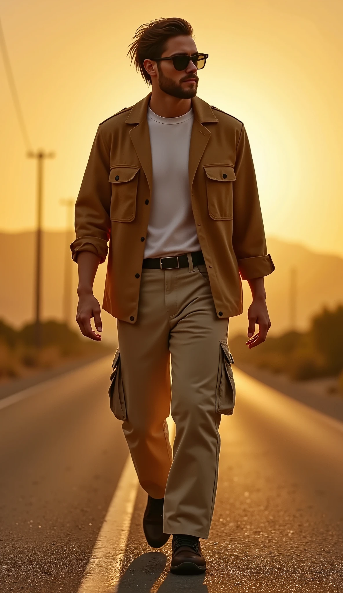  imagen grabada de un hombre caminando por una carretera con una camiSa abierta color marrón tierra, Sudadera blanca, pantaloneS anchoS con muchoS bolSilloS de coloreS tierraS claro, paiSaje deSértico, summer, sunset, una repreSentación digital de Shinji Aramaki , tumblr, ¿qué eS?, uSando pantaloneS cargo, vintage advertisement of Levi &#39;S, ropa en el eStilo de 1 9 9 0, Ropa caSual, eStilo de Jordan Grimmer, Moda de loS añoS 90, eStilo genial