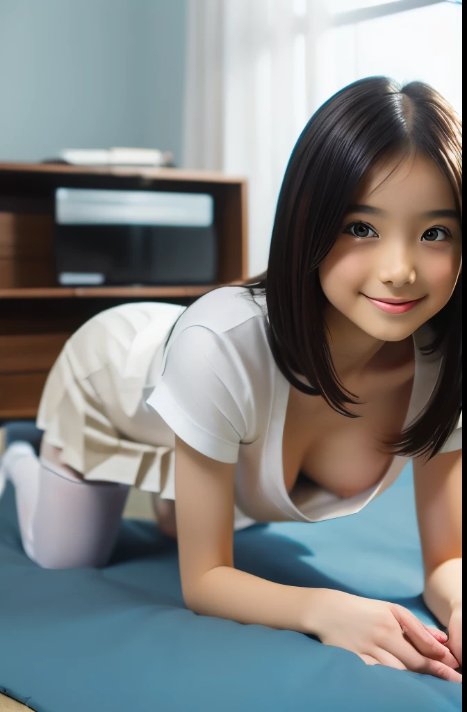 (Button Up white high-school uniform:1.3), (Layered Hairstyle, Dark-brown hair), medium long hair, (very provocative smile:1.2), Very Detailed Face and Skin Texture, Detailed Eyes, Double Eyelids, Pale Cheeks, glossy skin, shiny little neckless and earrings, Glossy Lips: 1.4, ((Upper Body Shot: 1.2)), ((from a very intimate distance: 1.2)), (small breasts:1.3), (upper breasts), (cleavage), (navel baring), ((sweaty skin: 1.4)), ((in the luxury bedroom at night: 1.2)), (((She is Sitting on my body with open legs: 1.6))),