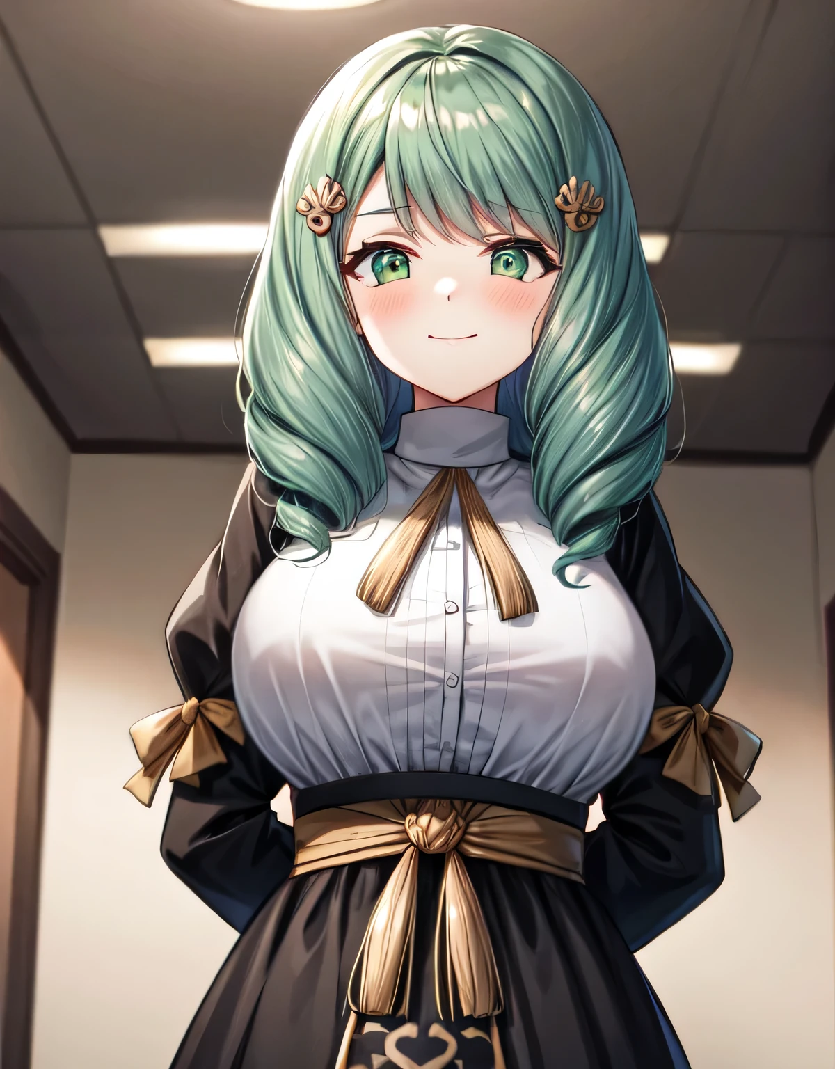 flayn,hair ornaments,black dress,indoor hall,indoor,(large breasts:1.55),(shiny,hair),((solo)),((masterpiece)),((best quality)),perfect anatomy,slim waist,perfect image,8k UHD,(beautiful detailed eyes:1.5),extremely detailed face,standing,(upper body:1.2),(look at the front:1.5),(arms behindback),ultra-detailed,absurdres,ultra-highres,smile,blush,closed mouth,(green eyes),