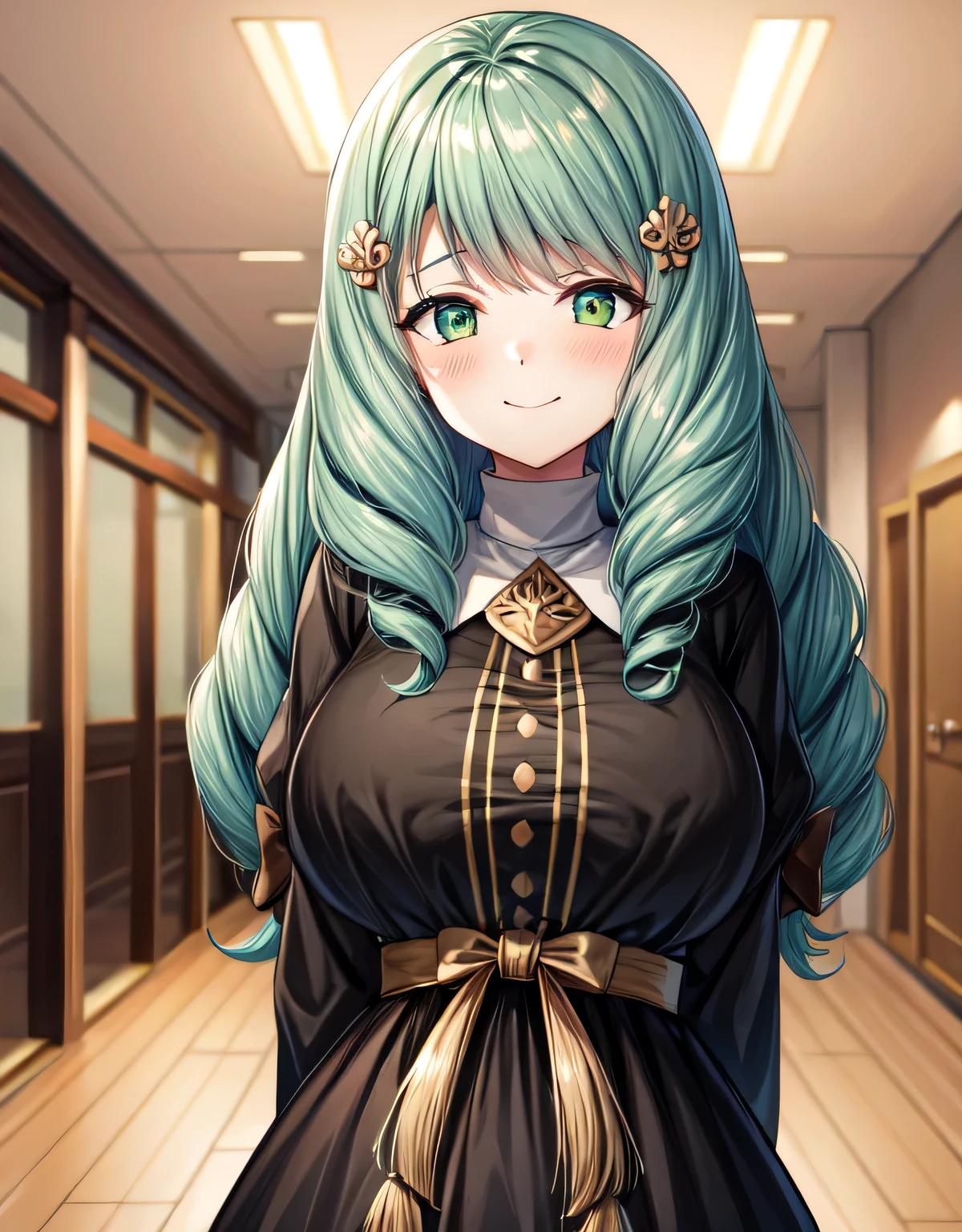 flayn,hair ornaments,black dress,indoor hall,indoor,(large breasts:1.55),(shiny,hair),((solo)),((masterpiece)),((best quality)),perfect anatomy,slim waist,perfect image,8k UHD,(beautiful detailed eyes:1.5),extremely detailed face,standing,(upper body:1.2),(look at the front:1.5),(arms behindback),ultra-detailed,absurdres,ultra-highres,smile,blush,closed mouth,(green eyes),