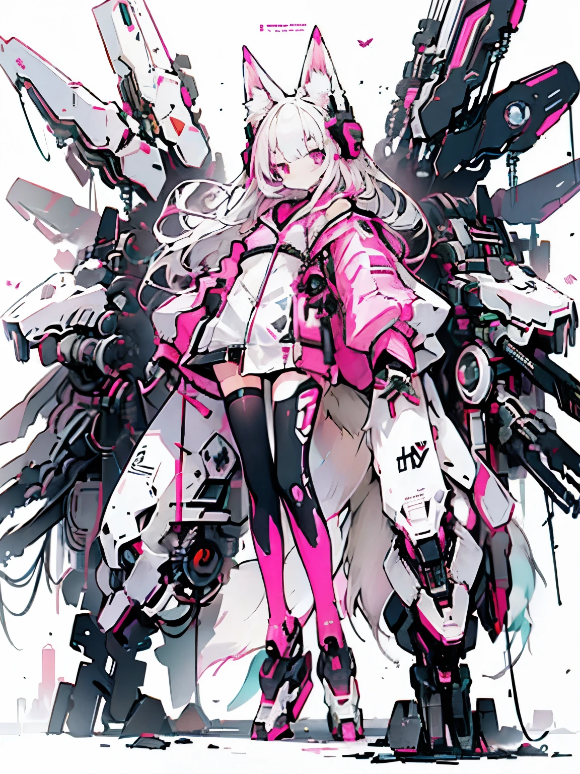 best quality,masterpiece,illustration,1girl,solo,full body,Fox ears,Mecha,machine,Bushy tail,Blank background,Mechanical leg,(Fluorescent color:1.5),(Laser violet:1.1),Fox fire,Fluorescent pink,