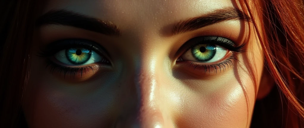 extremaly close up on womans eyes, highly detailed eyes, green eyes, black eyebrows, dark natural eye makeup, visible pupils, 8k, masterpiece, photo-realistic,film grain, fire in the eyes , dark red hair, ecu, byz, natural light and shadows, chiaroskuro