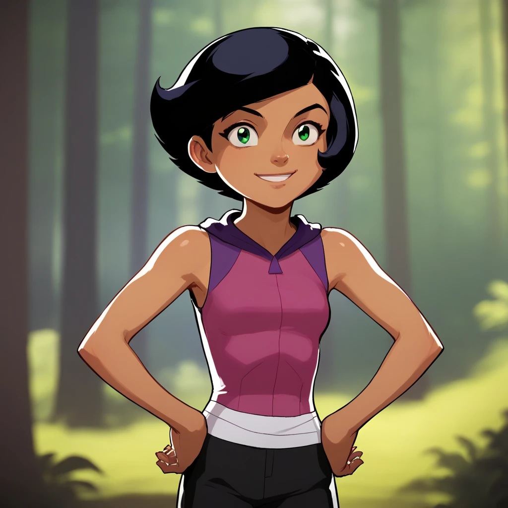 score_7_up, BREAK, 1girl, solo, Megan, black hair, short hair, green eyes,  tan, dark skin,  forest, blurry background, standing, hands on hips, smile