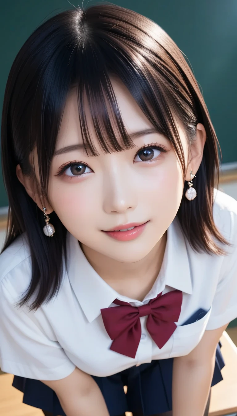 スコア_9, スコア_8_アップ, スコア_7_アップ, sアップer detailed, BREAK A breathtakingly beautiful Japanese woman with long, silky black hair, wearing a modern school uniform with a fitted blazer, short skirt, and tights. She has a radiant smile, stunning facial and eye details, and a confident yet graceful demeanor. She is posing in a classroom setting, leaning forward slightly with her hands placed behind her back, emphasizing her elegant posture. Her figure is curvaceous with a focus on her proportions, and the scene captures her in a dynamic position as she squats or does the splits. The atmosphere includes soft steam or light haze for added depth and realism. Ultra-high-definition, 32K resolution, masterpiece-level detail, Hausmo style.