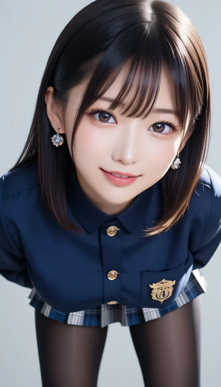 スコア_9, スコア_8_アップ, スコア_7_アップ, sアップer detailed, BREAK A breathtakingly beautiful Japanese woman with long, silky black hair, wearing a modern school uniform with a fitted blazer, short skirt, and tights. She has a radiant smile, stunning facial and eye details, and a confident yet graceful demeanor. She is posing in a classroom setting, leaning forward slightly with her hands placed behind her back, emphasizing her elegant posture. Her figure is curvaceous with a focus on her proportions, and the scene captures her in a dynamic position as she squats or does the splits. The atmosphere includes soft steam or light haze for added depth and realism. Ultra-high-definition, 32K resolution, masterpiece-level detail, Hausmo style.