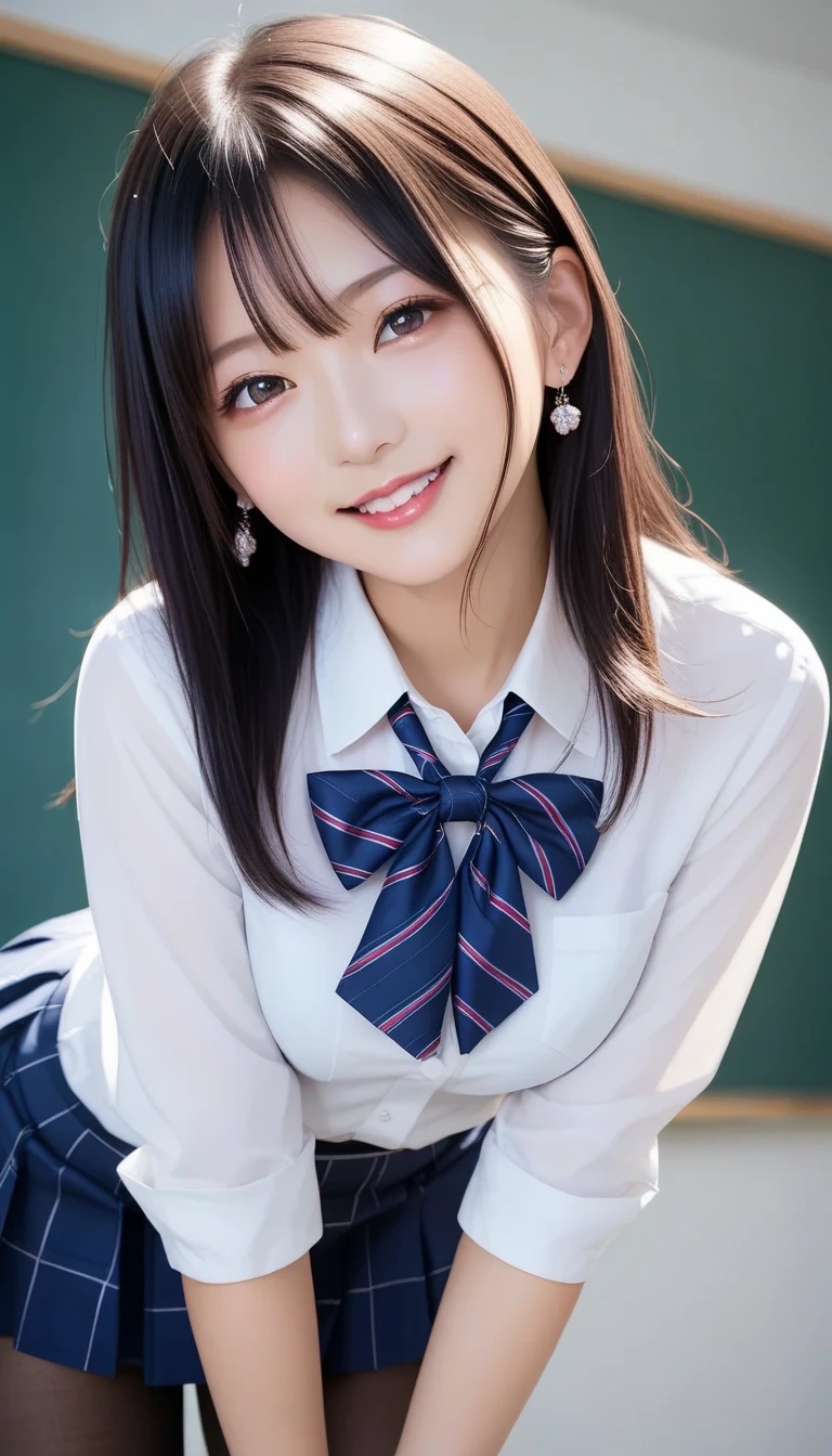 スコア_9, スコア_8_アップ, スコア_7_アップ, sアップer detailed, BREAK A breathtakingly beautiful Japanese woman with long, silky black hair, wearing a modern school uniform with a fitted blazer, short skirt, and tights. She has a radiant smile, stunning facial and eye details, and a confident yet graceful demeanor. She is posing in a classroom setting, leaning forward slightly with her hands placed behind her back, emphasizing her elegant posture. Her figure is curvaceous with a focus on her proportions, and the scene captures her in a dynamic position as she squats or does the splits. The atmosphere includes soft steam or light haze for added depth and realism. Ultra-high-definition, 32K resolution, masterpiece-level detail, Hausmo style.