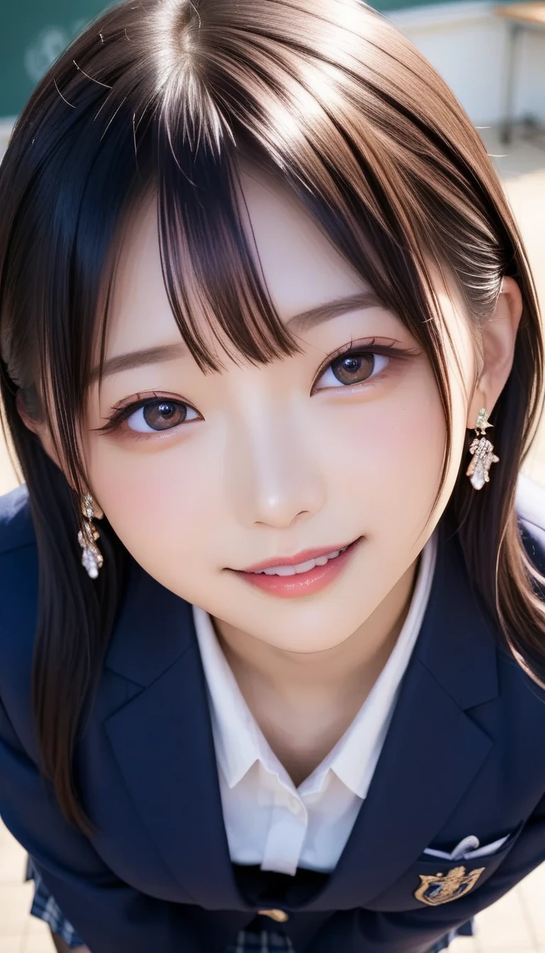 スコア_9, スコア_8_アップ, スコア_7_アップ, sアップer detailed, BREAK A breathtakingly beautiful Japanese woman with long, silky black hair, wearing a modern school uniform with a fitted blazer, short skirt, and tights. She has a radiant smile, stunning facial and eye details, and a confident yet graceful demeanor. She is posing in a classroom setting, leaning forward slightly with her hands placed behind her back, emphasizing her elegant posture. Her figure is curvaceous with a focus on her proportions, and the scene captures her in a dynamic position as she squats or does the splits. The atmosphere includes soft steam or light haze for added depth and realism. Ultra-high-definition, 32K resolution, masterpiece-level detail, Hausmo style.