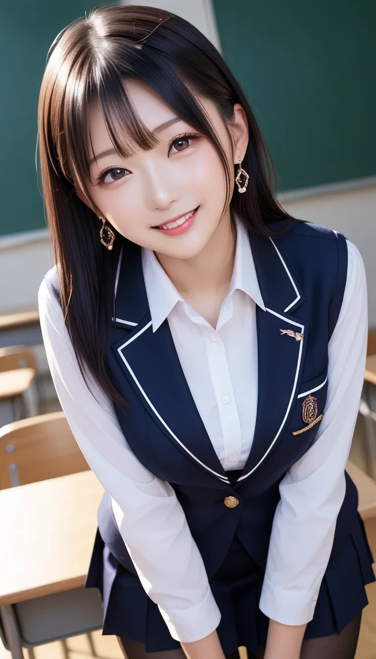 スコア_9, スコア_8_アップ, スコア_7_アップ, sアップer detailed, BREAK A breathtakingly beautiful Japanese woman with long, silky black hair, wearing a modern school uniform with a fitted blazer, short skirt, and tights. She has a radiant smile, stunning facial and eye details, and a confident yet graceful demeanor. She is posing in a classroom setting, leaning forward slightly with her hands placed behind her back, emphasizing her elegant posture. Her figure is curvaceous with a focus on her proportions, and the scene captures her in a dynamic position as she squats or does the splits. The atmosphere includes soft steam or light haze for added depth and realism. Ultra-high-definition, 32K resolution, masterpiece-level detail, Hausmo style.