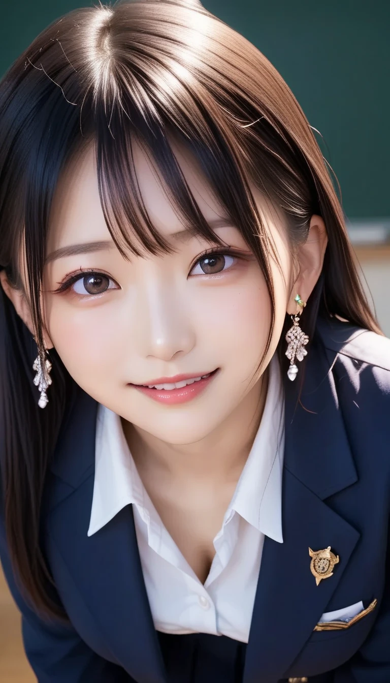 スコア_9, スコア_8_アップ, スコア_7_アップ, sアップer detailed, BREAK A breathtakingly beautiful Japanese woman with long, silky black hair, wearing a modern school uniform with a fitted blazer, short skirt, and tights. She has a radiant smile, stunning facial and eye details, and a confident yet graceful demeanor. She is posing in a classroom setting, leaning forward slightly with her hands placed behind her back, emphasizing her elegant posture. Her figure is curvaceous with a focus on her proportions, and the scene captures her in a dynamic position as she squats or does the splits. The atmosphere includes soft steam or light haze for added depth and realism. Ultra-high-definition, 32K resolution, masterpiece-level detail, Hausmo style.