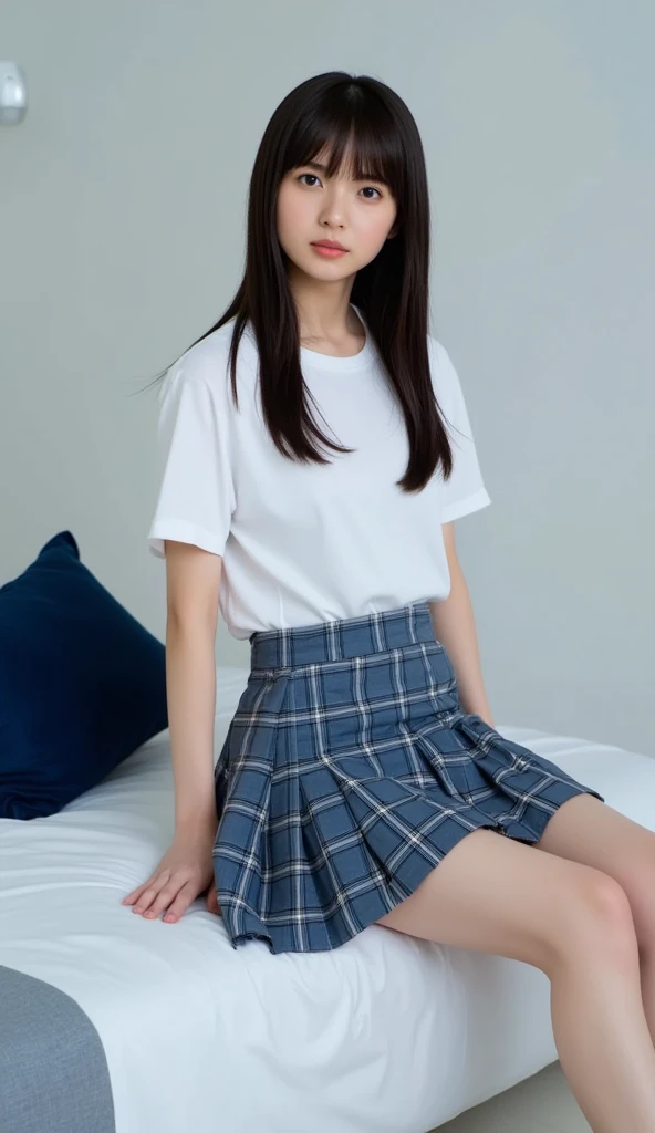 Alone、natural body shape、 white skin、Natural Cosmetics 、 black hair、bangs、 long straight hair、、(expensive  、barefoot、 white blouse 、 blue plaid pleated skirt to cover white panties)、、( open legs:1.3)、((The upper body is wearing a uniform))、((((( camera )))))、(((whole body)))、((( beautiful eyes showing her thighs )))、bedroom、 on the bed、 sitting、(( focus on the crotch))